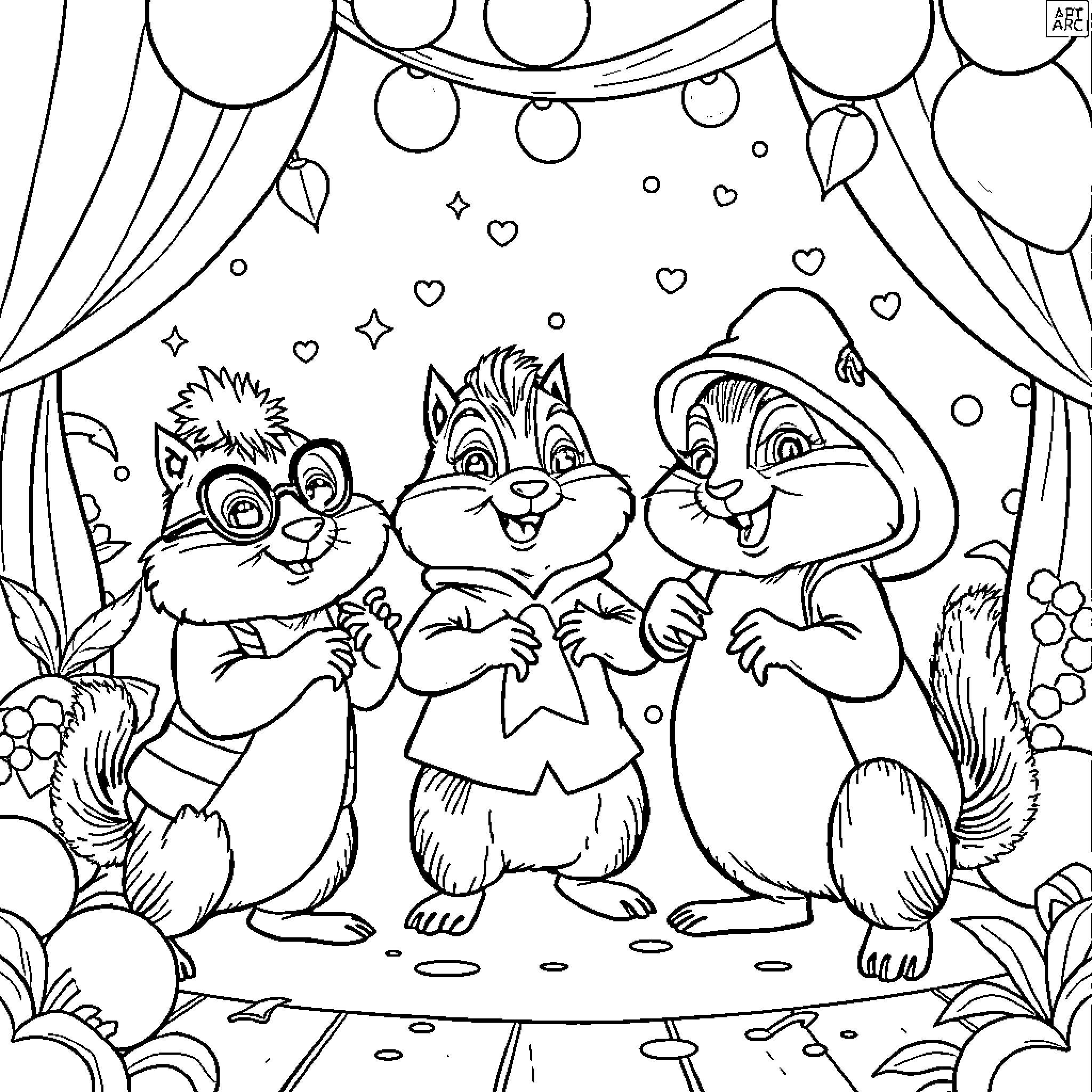Chipmunk trio celebrating in a festive environment Coloring Page (free black-and-white line drawing printable PDF for all, from beginners to advanced learners, including children, teens, adults, and seniors)