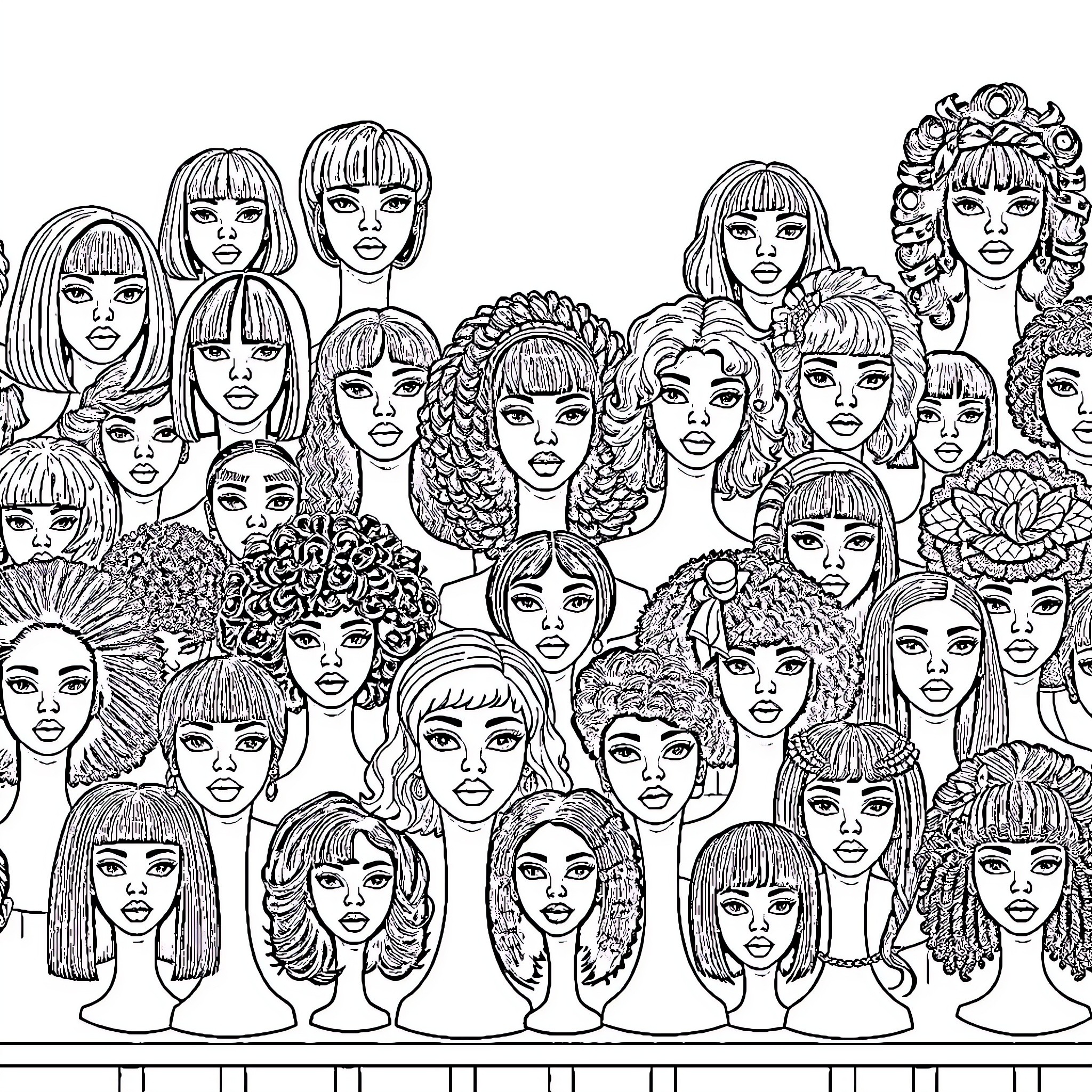 Mannequin Heads with Diverse Hairstyles and Expressions Coloring Page (free black-and-white line drawing printable PDF for all, from beginners to advanced learners, including children, teens, adults, and seniors)