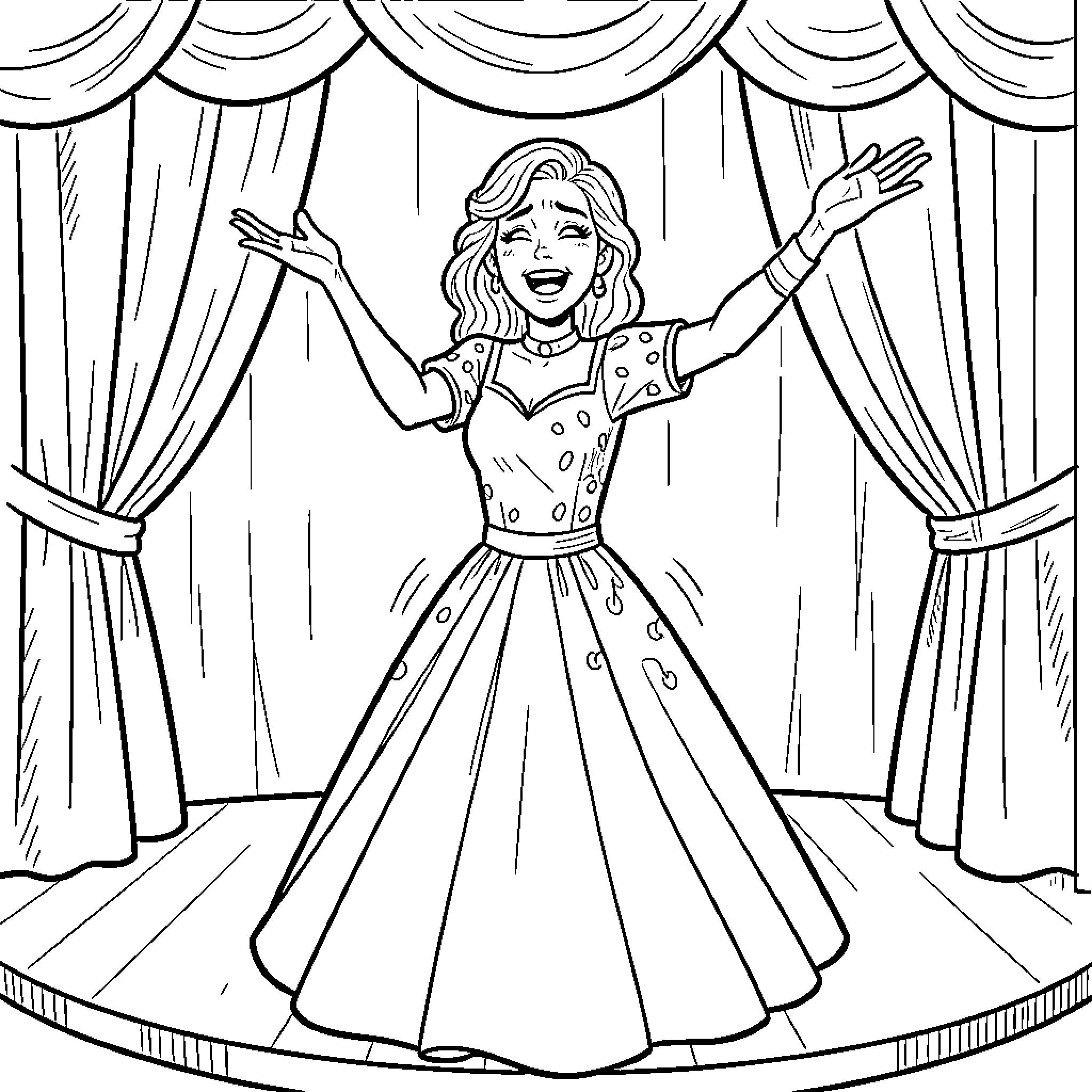 Actrice performing joyfully on stage in a long dress Coloring Page (free black-and-white line drawing printable PDF for all, from beginners to advanced learners, including children, teens, adults, and seniors)