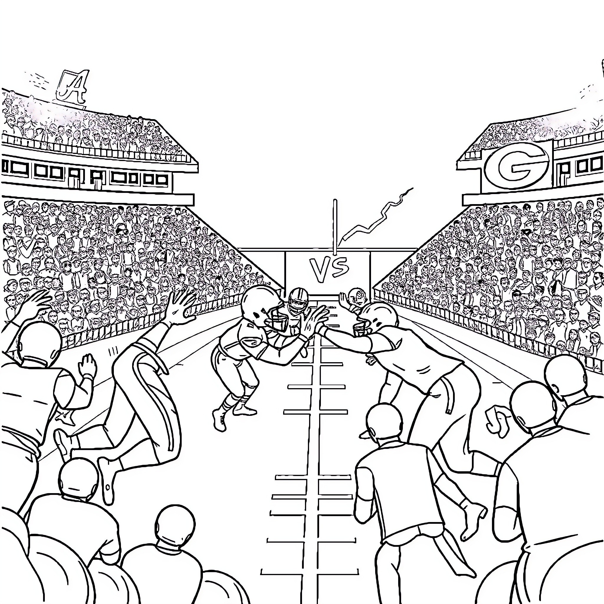Football Game Between Opposing Teams on the Field Coloring Page (free black-and-white line drawing printable PDF for all, from beginners to advanced learners, including children, teens, adults, and seniors)