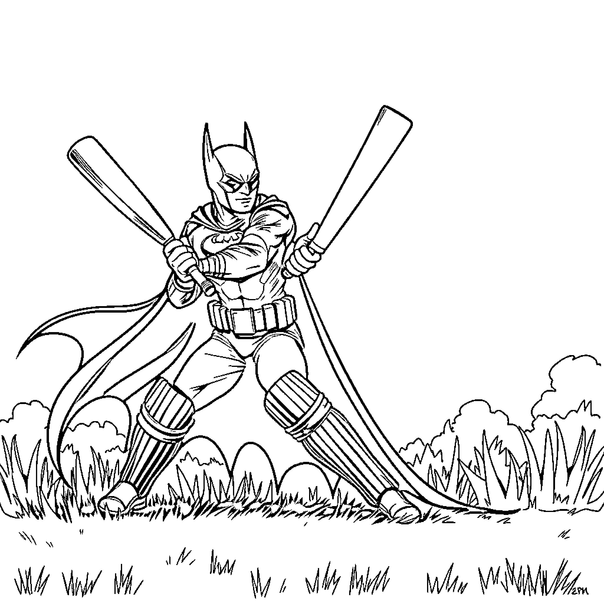 Batman Battling with Powerful Weapons in Nature Coloring Page (free black-and-white line drawing printable PDF for all, from beginners to advanced learners, including children, teens, adults, and seniors)