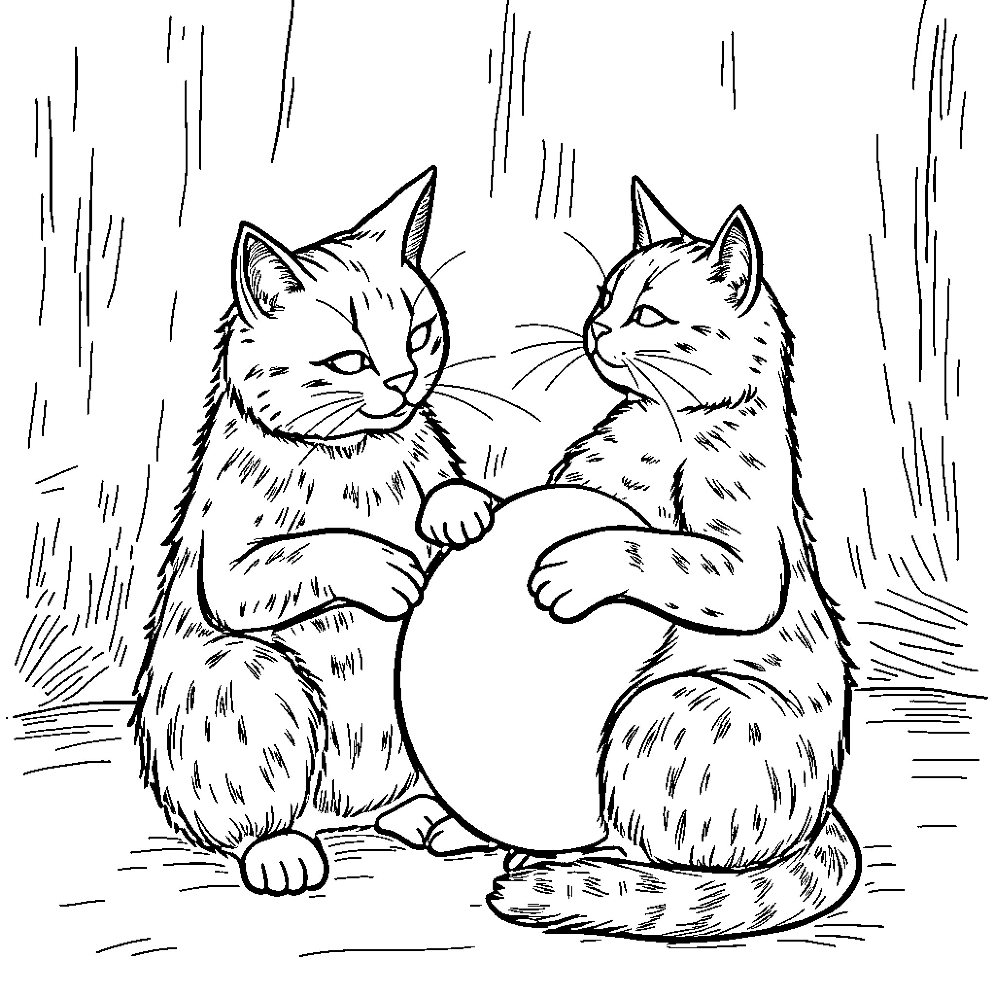 Cat companions sharing a cozy moment Coloring Page (free black-and-white line drawing printable PDF for all, from beginners to advanced learners, including children, teens, adults, and seniors)