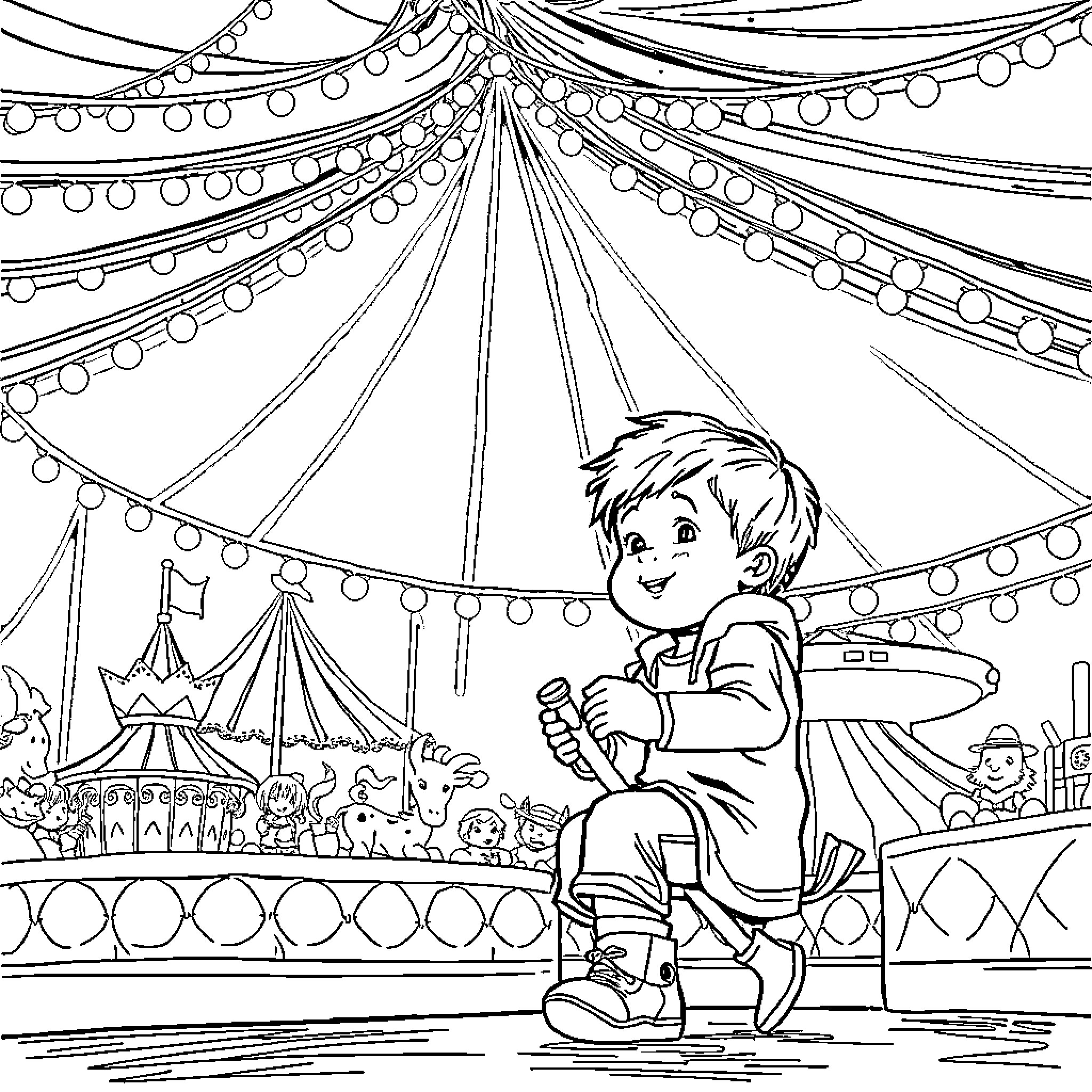 Boy exploring the carnival rides and attractions Coloring Page (free black-and-white line drawing printable PDF for all, from beginners to advanced learners, including children, teens, adults, and seniors)