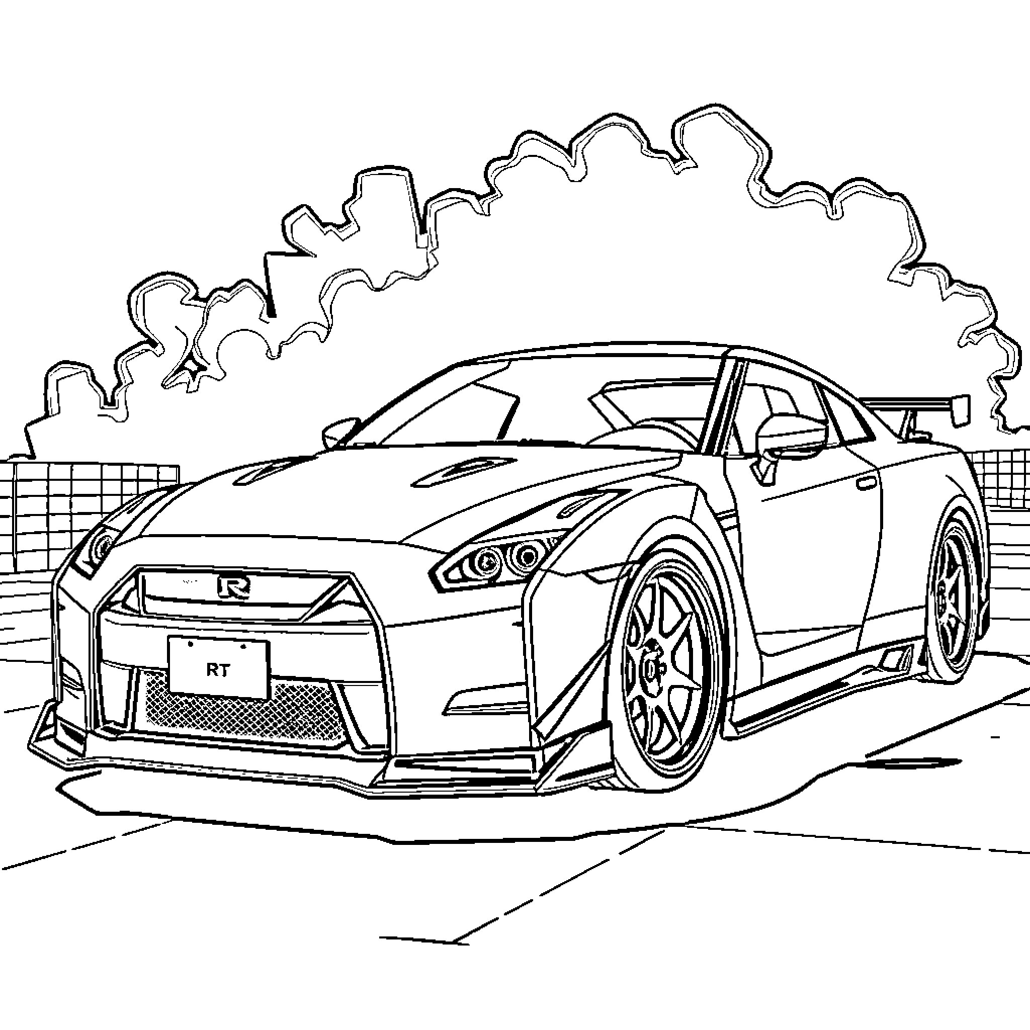 Nissan GT-R sports car on urban street Coloring Page (free black-and-white line drawing printable PDF for all, from beginners to advanced learners, including children, teens, adults, and seniors)