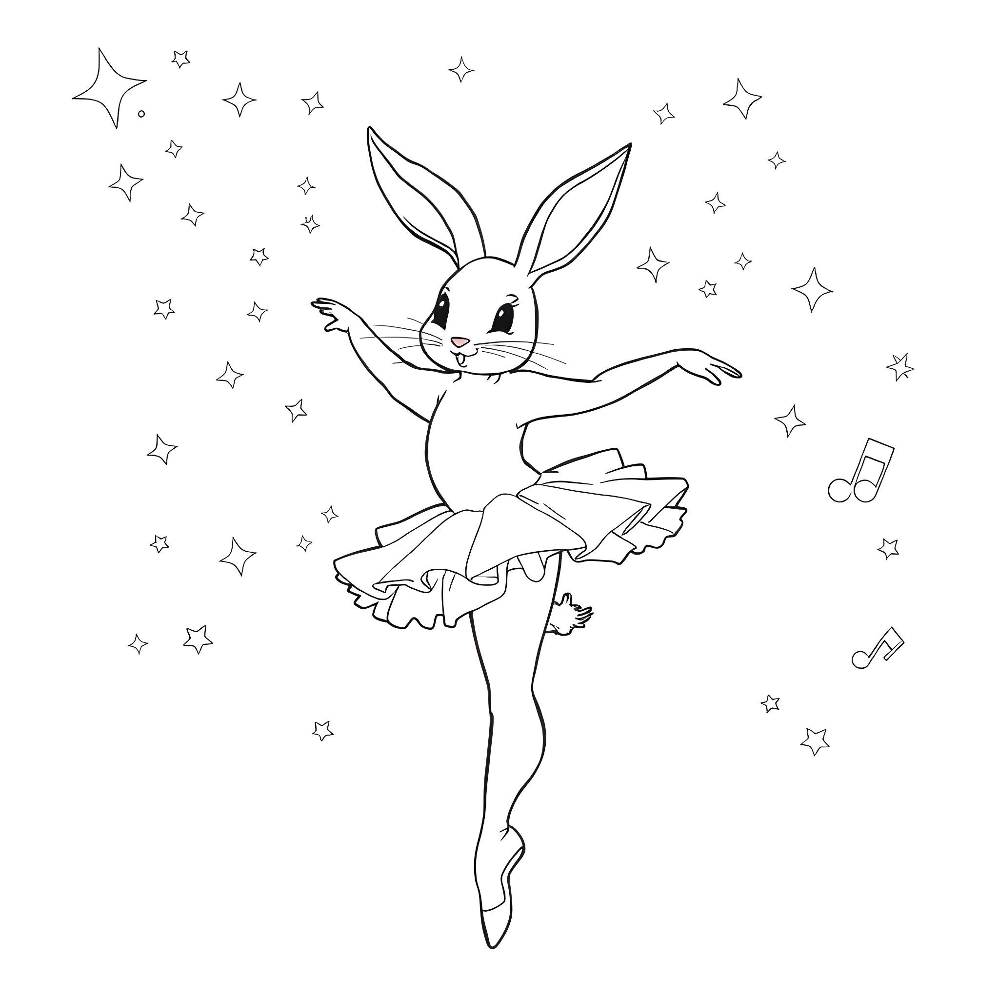 Bunny ballerina dancing amidst twinkling stars Coloring Page (free black-and-white line drawing printable PDF for all, from beginners to advanced learners, including children, teens, adults, and seniors)