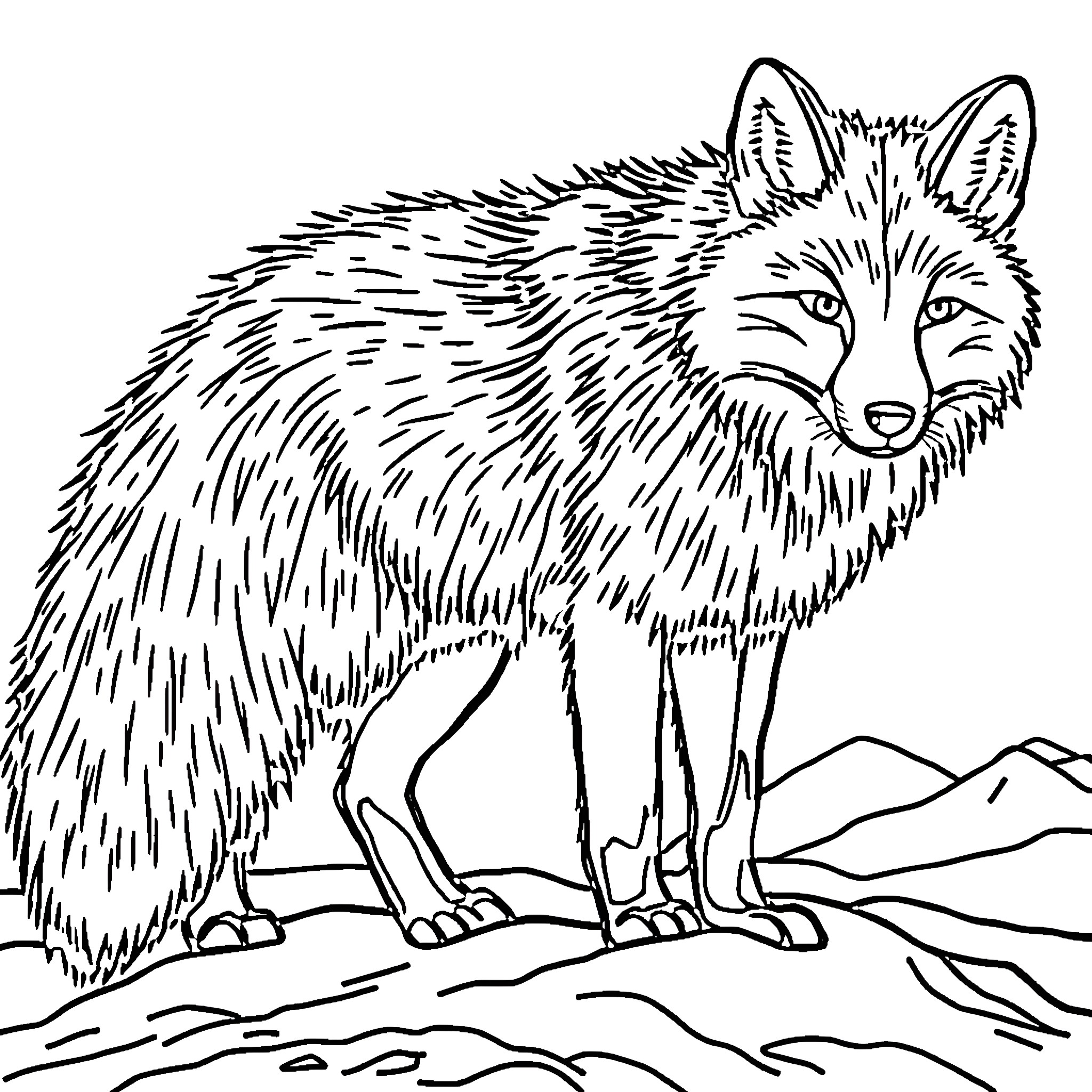 Arctic Fox standing alert in the wilderness Coloring Page (free black-and-white line drawing printable PDF for all, from beginners to advanced learners, including children, teens, adults, and seniors)