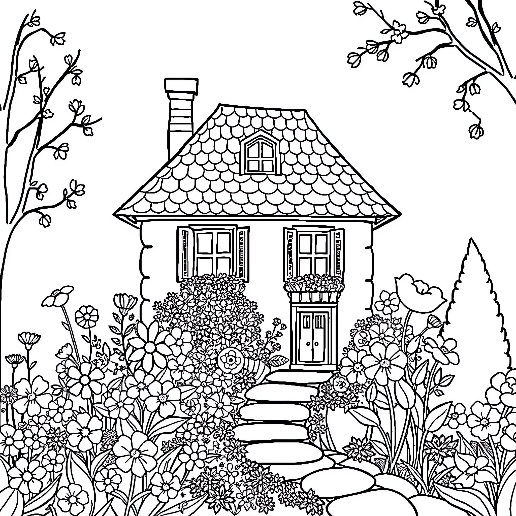 House surrounded by blooming flowers and plants Coloring Page (free black-and-white line drawing printable PDF for all, from beginners to advanced learners, including children, teens, adults, and seniors)