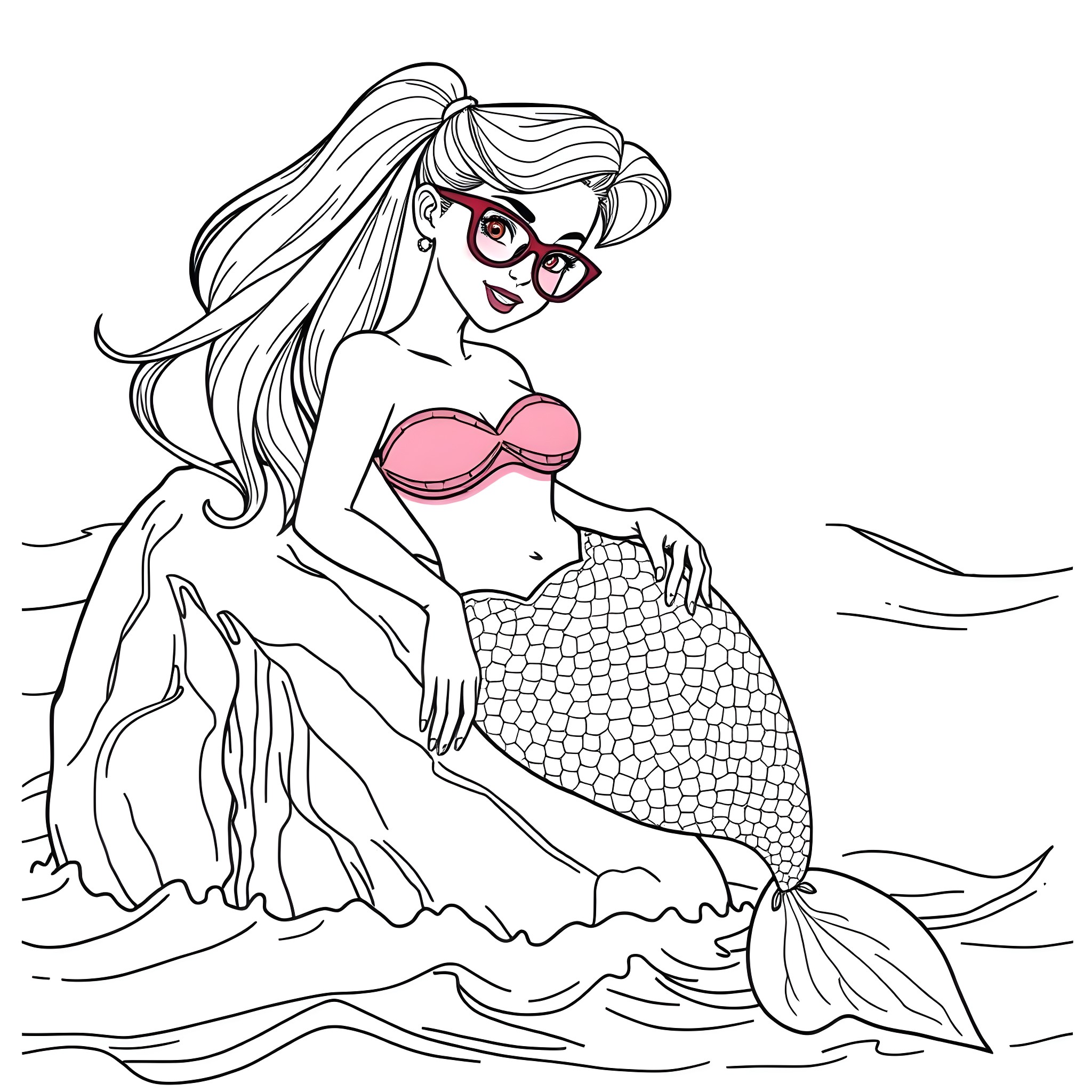 Mermaid with long flowing hair and glasses in the ocean Coloring Page (free black-and-white line drawing printable PDF for all, from beginners to advanced learners, including children, teens, adults, and seniors)