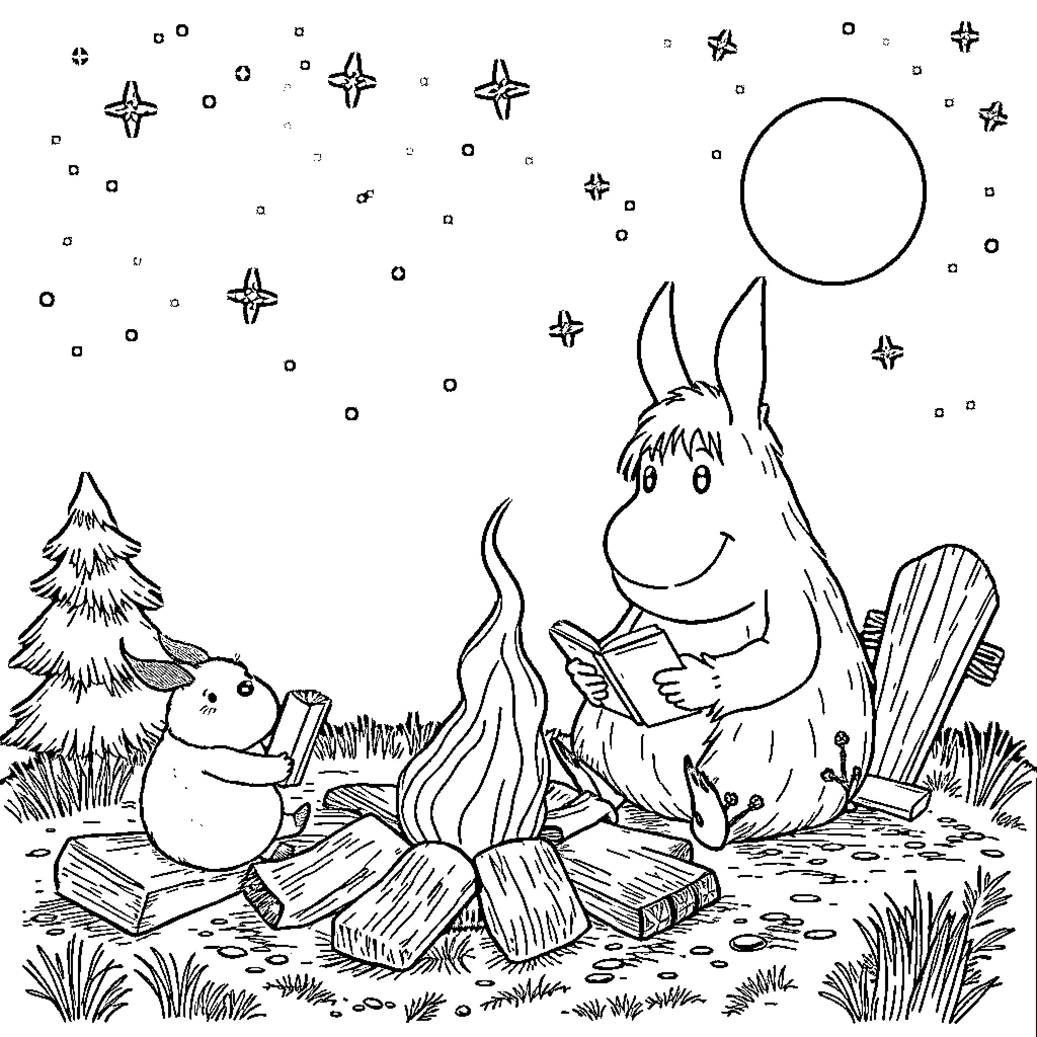 Moomin Characters Gathered Around Campfire Coloring Page (free black-and-white line drawing printable PDF for all, from beginners to advanced learners, including children, teens, adults, and seniors)