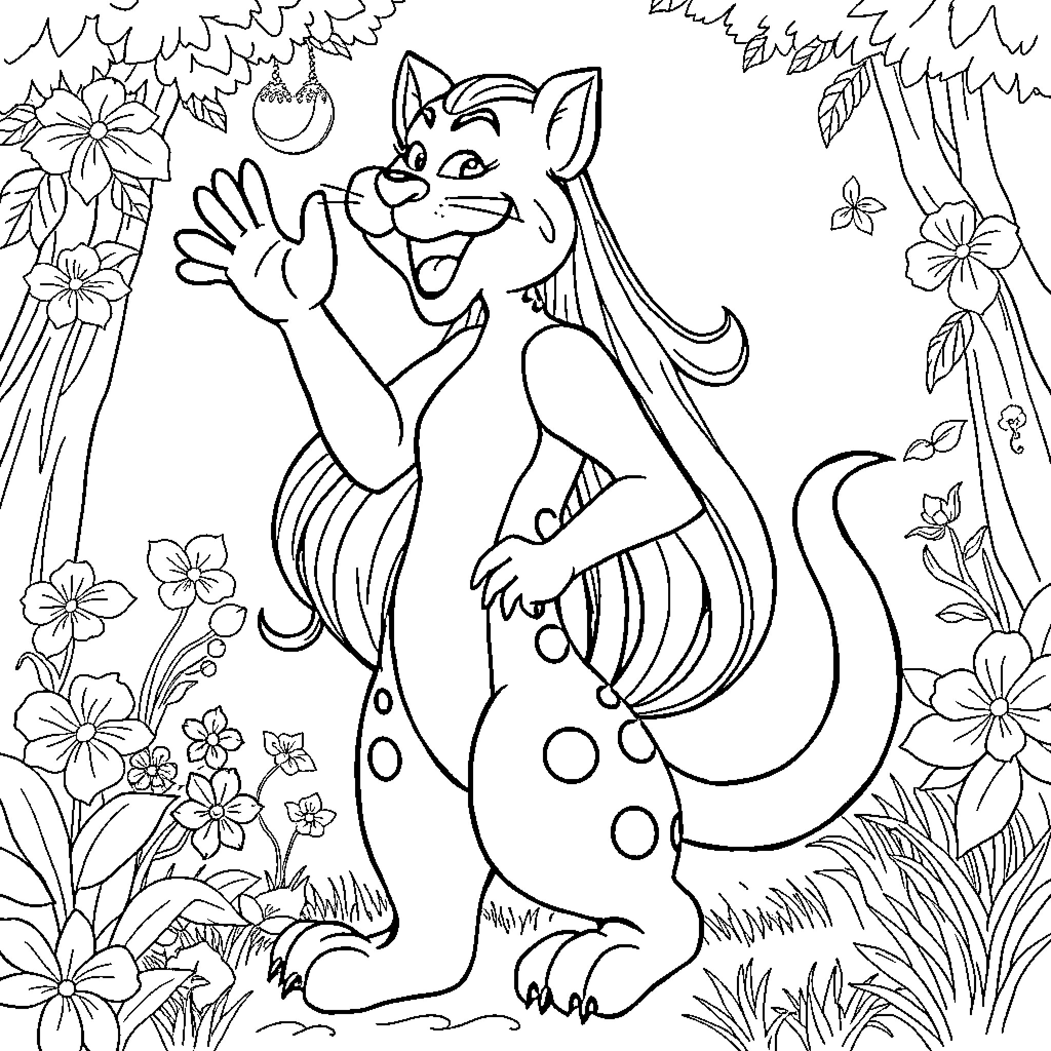 Pink Panther Dancing Joyfully in Floral Garden Coloring Page (free black-and-white line drawing printable PDF for all, from beginners to advanced learners, including children, teens, adults, and seniors)