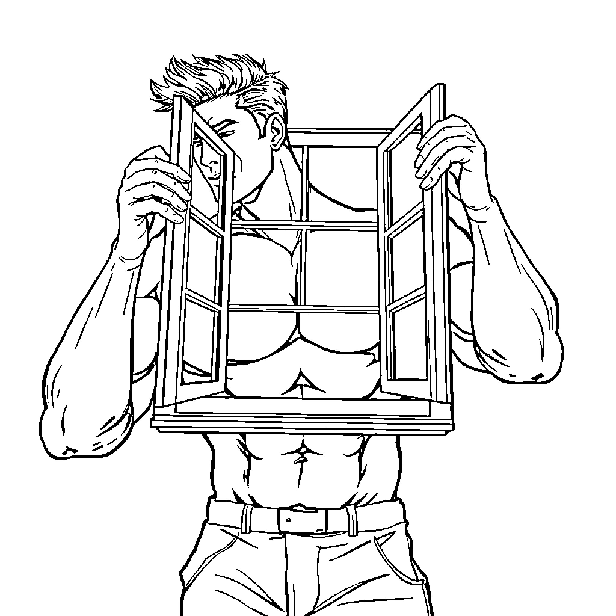 Homme restrained behind bars with angry expression Coloring Page (free black-and-white line drawing printable PDF for all, from beginners to advanced learners, including children, teens, adults, and seniors)