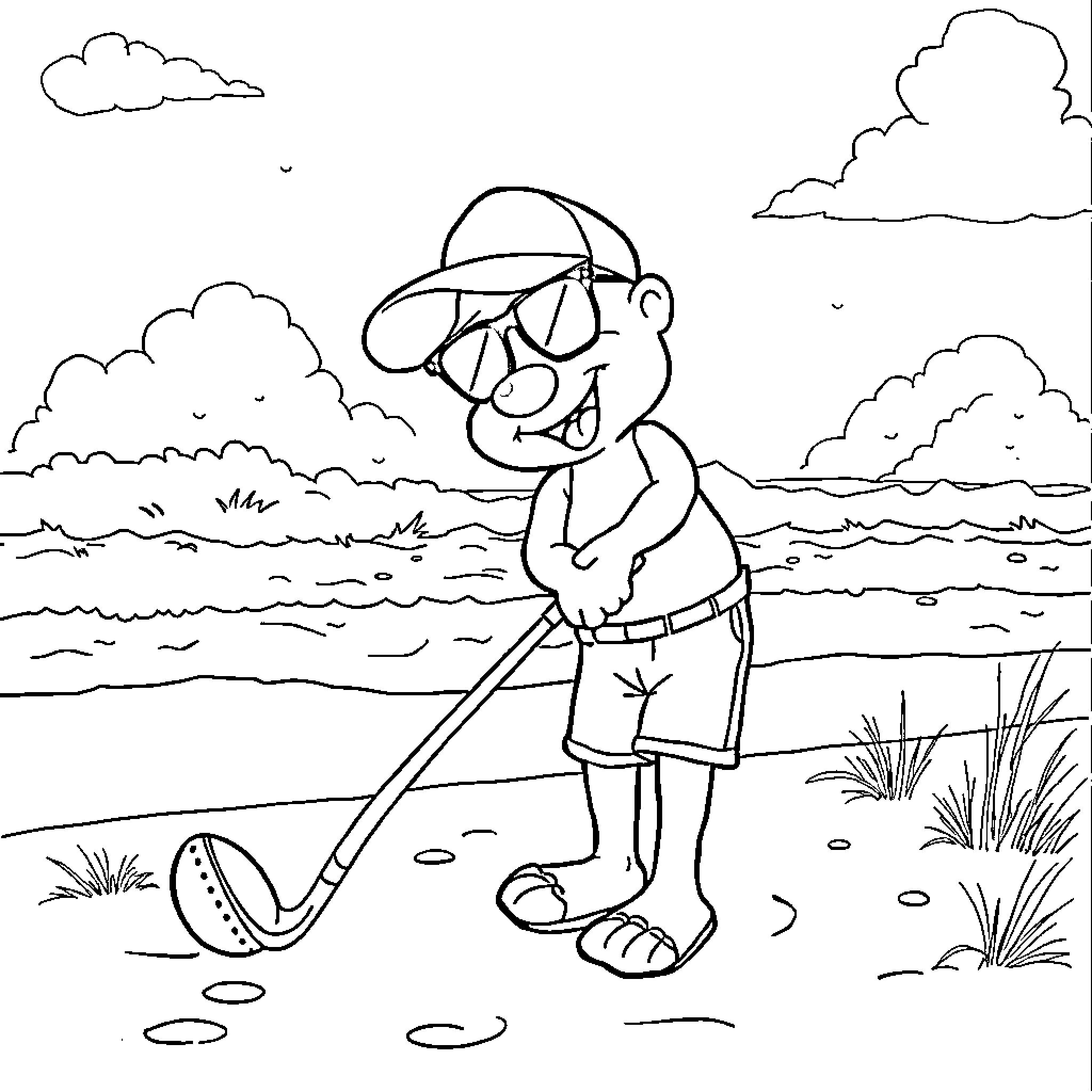 Bluey enjoying a day at the beach with his golf club Coloring Page (free black-and-white line drawing printable PDF for all, from beginners to advanced learners, including children, teens, adults, and seniors)