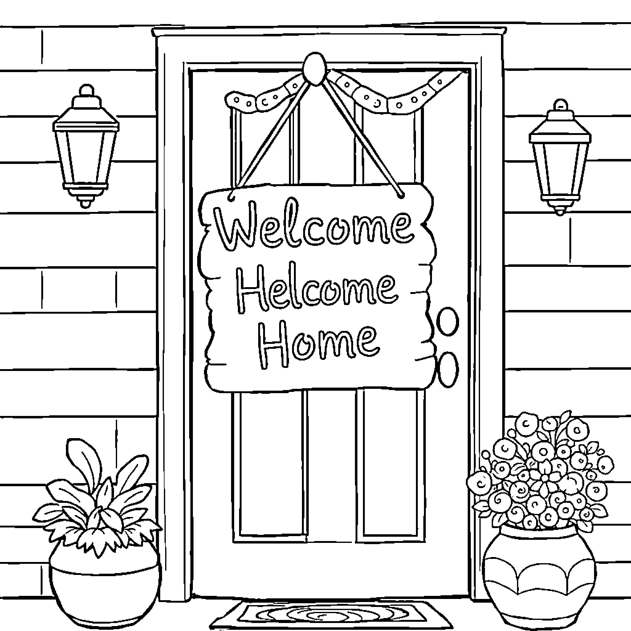 Baby Welcomes Guests to Cozy Home Coloring Page (free black-and-white line drawing printable PDF for all, from beginners to advanced learners, including children, teens, adults, and seniors)