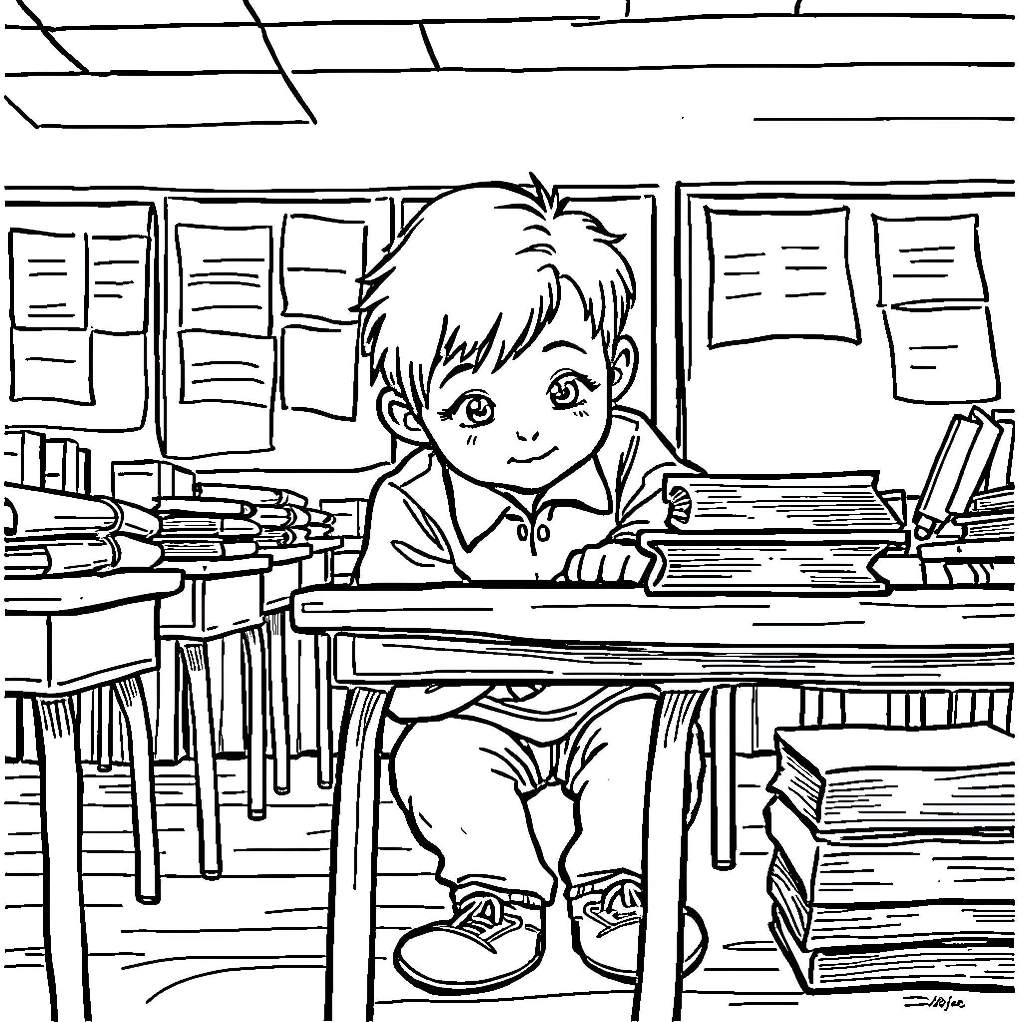 Student studying diligently in the classroom Coloring Page (free black-and-white line drawing printable PDF for all, from beginners to advanced learners, including children, teens, adults, and seniors)