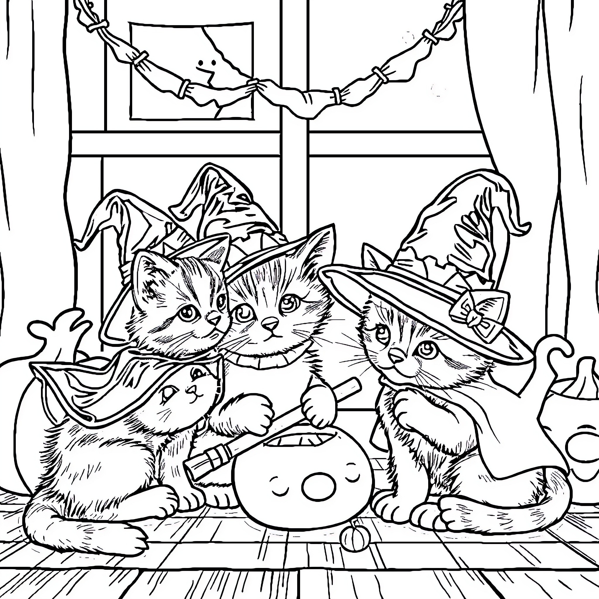 Kittens Dressed Up for Halloween Coloring Page (free black-and-white line drawing printable PDF for all, from beginners to advanced learners, including children, teens, adults, and seniors)