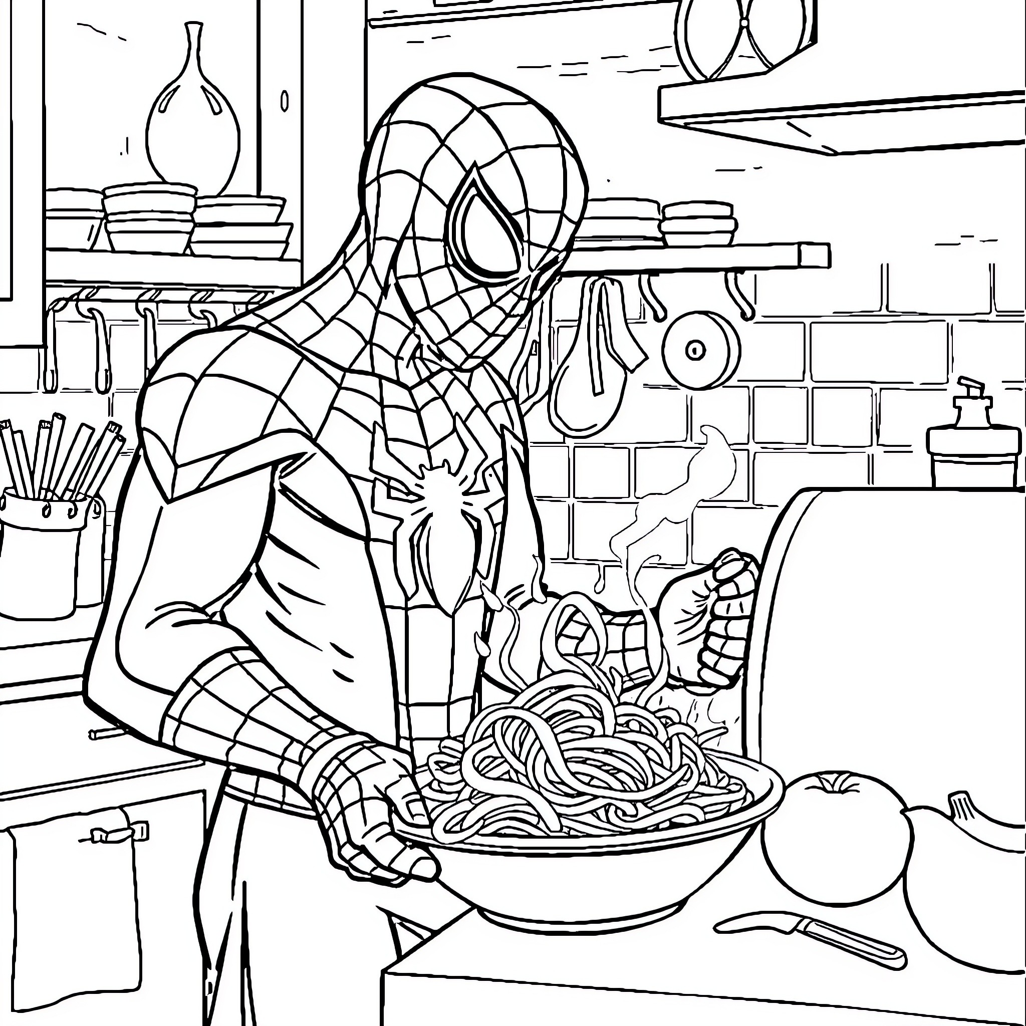 Spiderman cooking in the kitchen Coloring Page (free black-and-white line drawing printable PDF for all, from beginners to advanced learners, including children, teens, adults, and seniors)