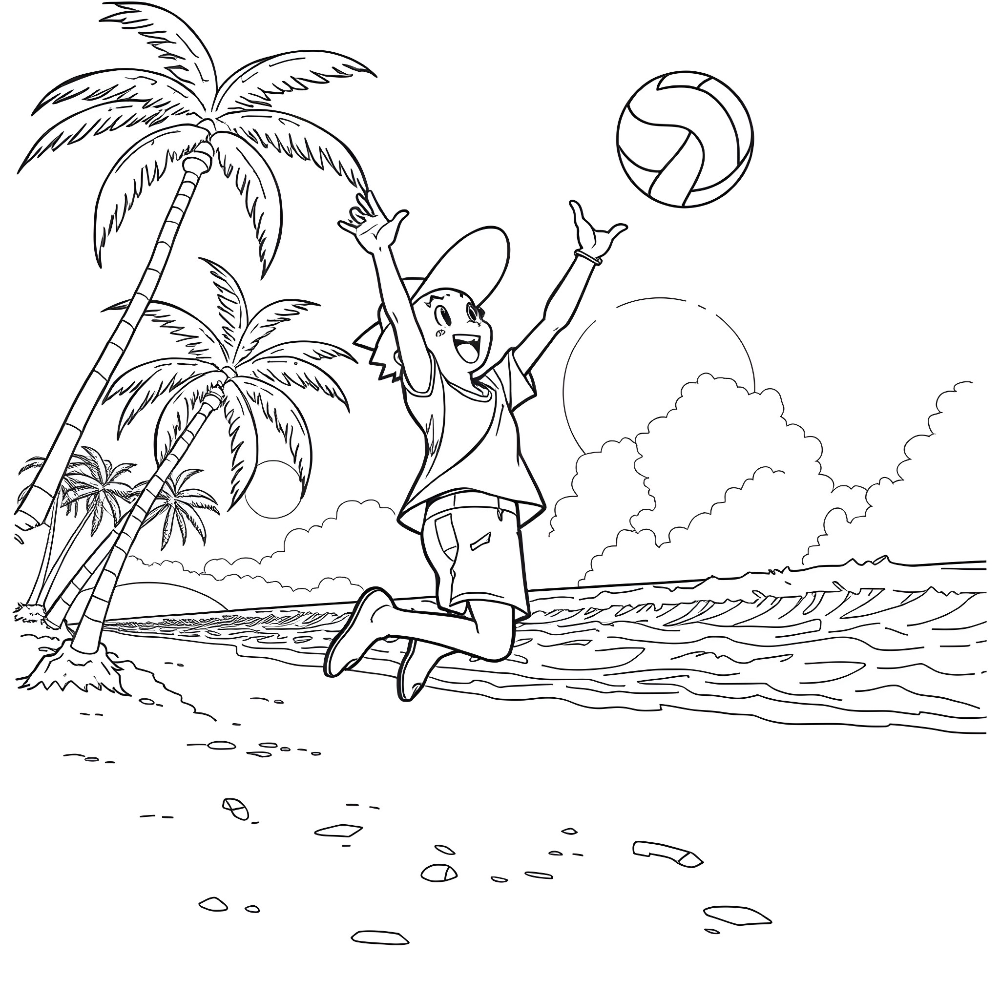 Ash Ketchum enjoys a beach volleyball game under the palm trees Coloring Page (free black-and-white line drawing printable PDF for all, from beginners to advanced learners, including children, teens, adults, and seniors)