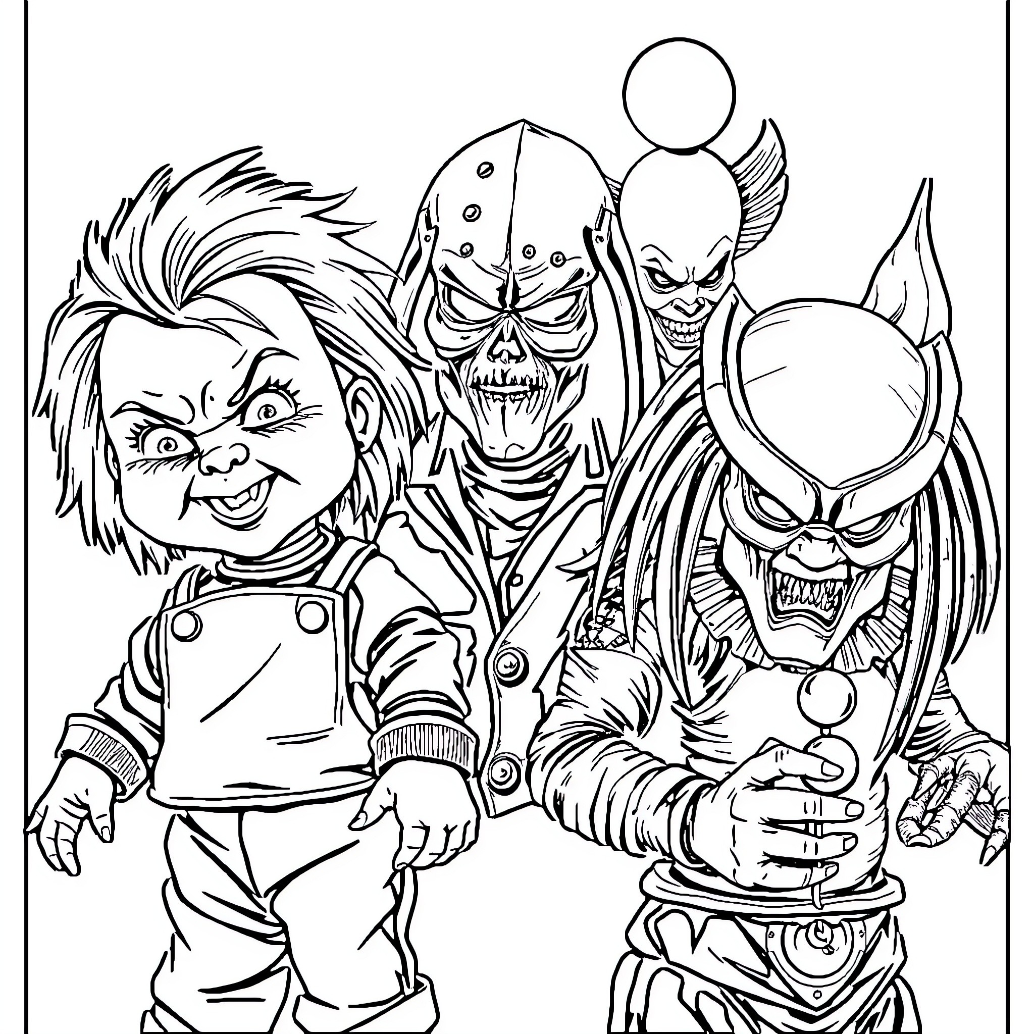 Horror Characters in Menacing Poses Coloring Page (free black-and-white line drawing printable PDF for all, from beginners to advanced learners, including children, teens, adults, and seniors)