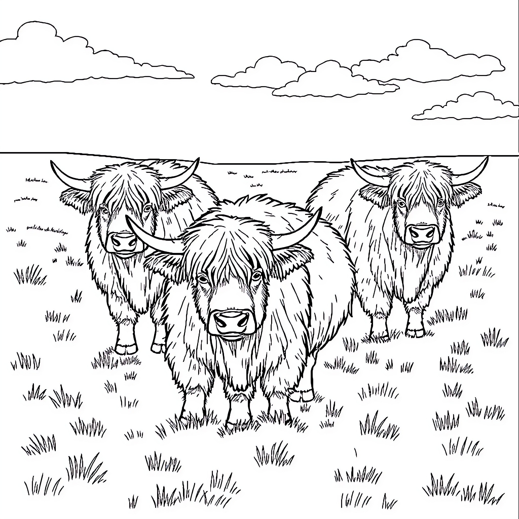Highland Cows grazing peacefully in a grassy field Coloring Page (free black-and-white line drawing printable PDF for all, from beginners to advanced learners, including children, teens, adults, and seniors)