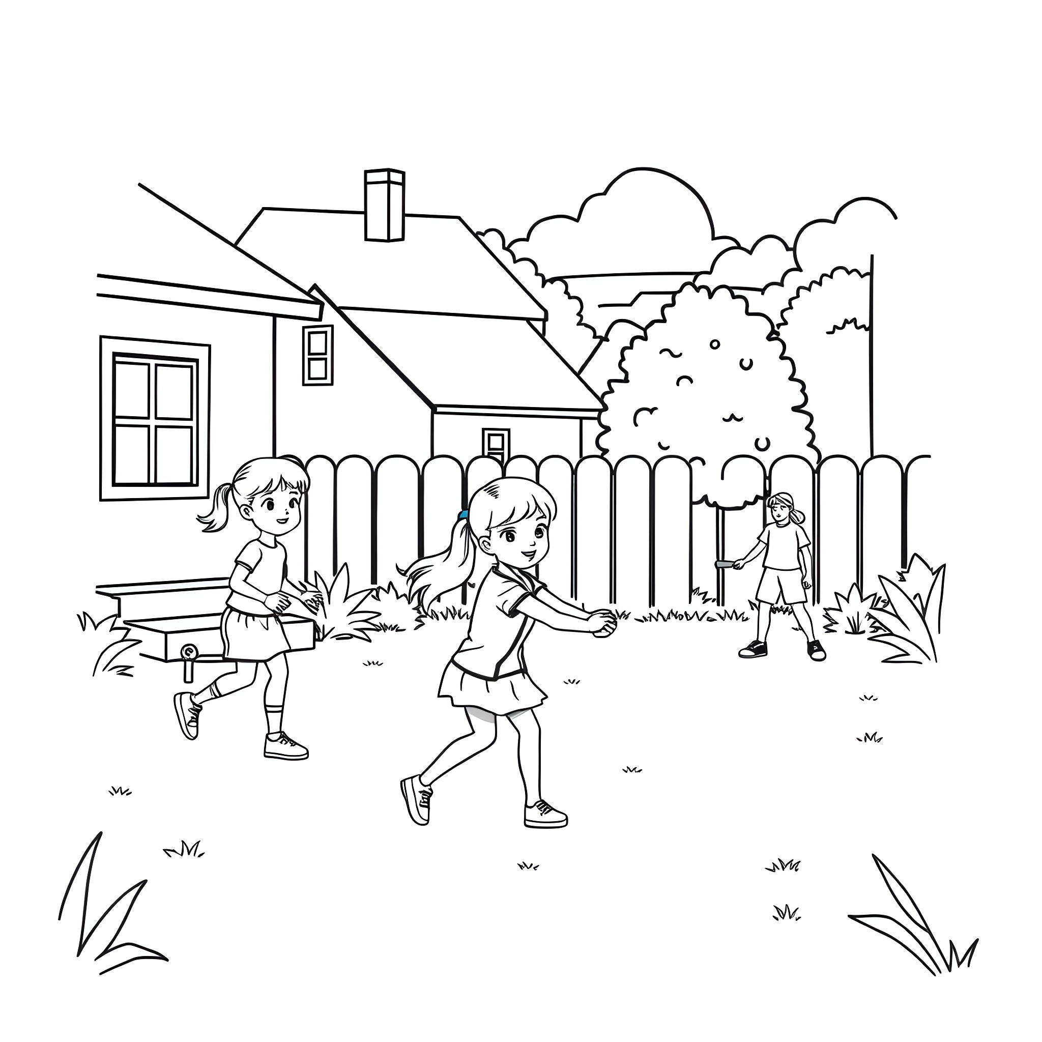 Girls playing together in the backyard Coloring Page (free black-and-white line drawing printable PDF for all, from beginners to advanced learners, including children, teens, adults, and seniors)