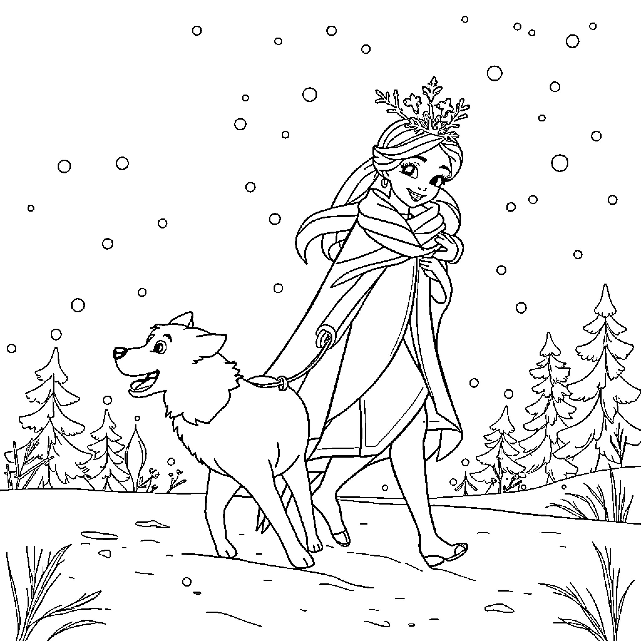 Queen in winter wonderland with loyal companion Coloring Page (free black-and-white line drawing printable PDF for all, from beginners to advanced learners, including children, teens, adults, and seniors)