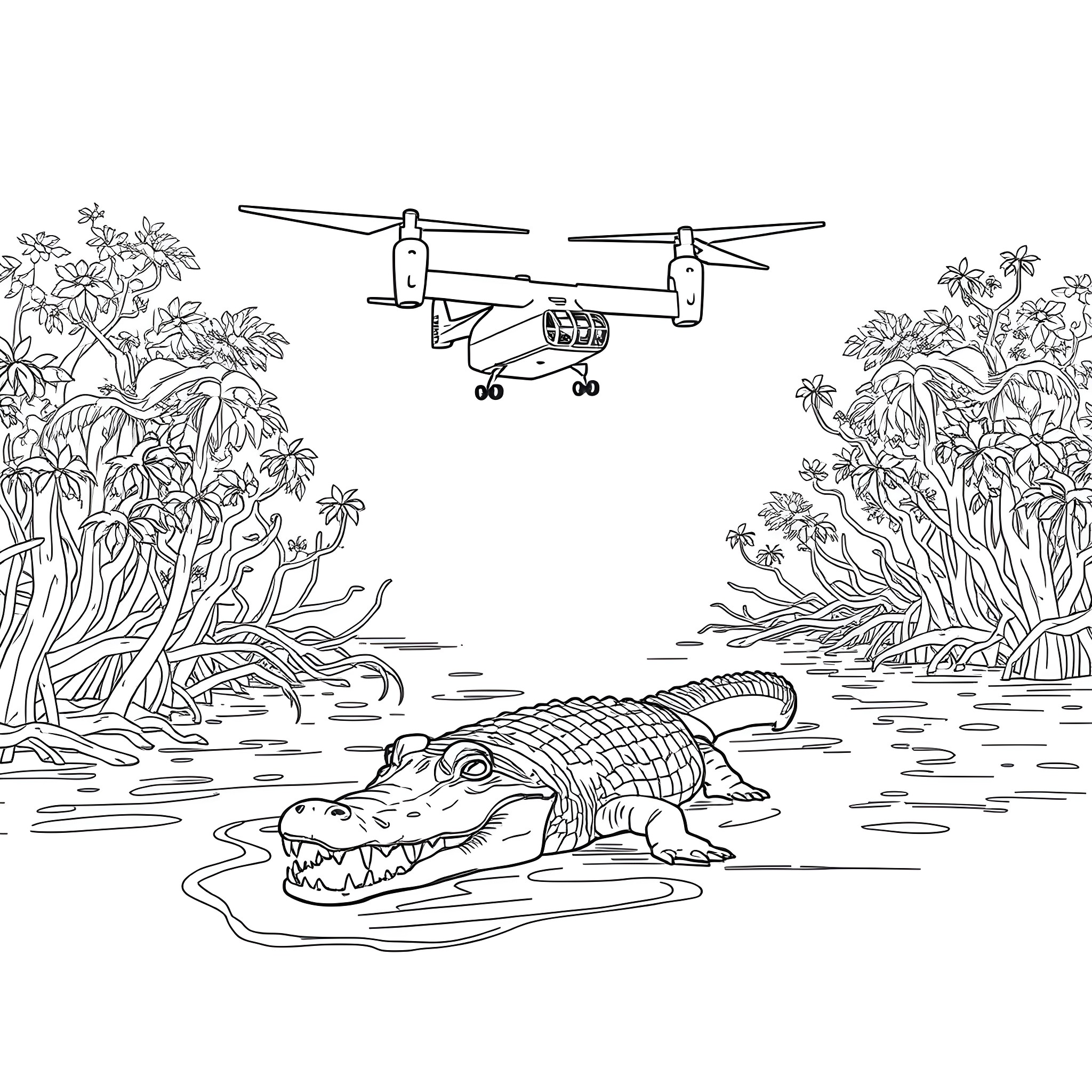 Osprey navigating around alligator in wetland environment Coloring Page (free black-and-white line drawing printable PDF for all, from beginners to advanced learners, including children, teens, adults, and seniors)