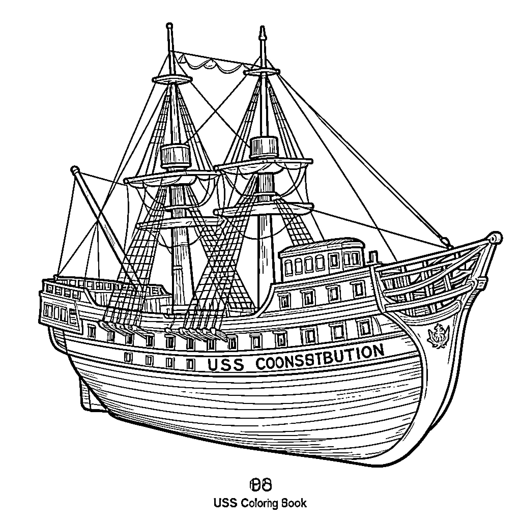Uss Constitution sailing majestically on the ocean waves Coloring Page (free black-and-white line drawing printable PDF for all, from beginners to advanced learners, including children, teens, adults, and seniors)