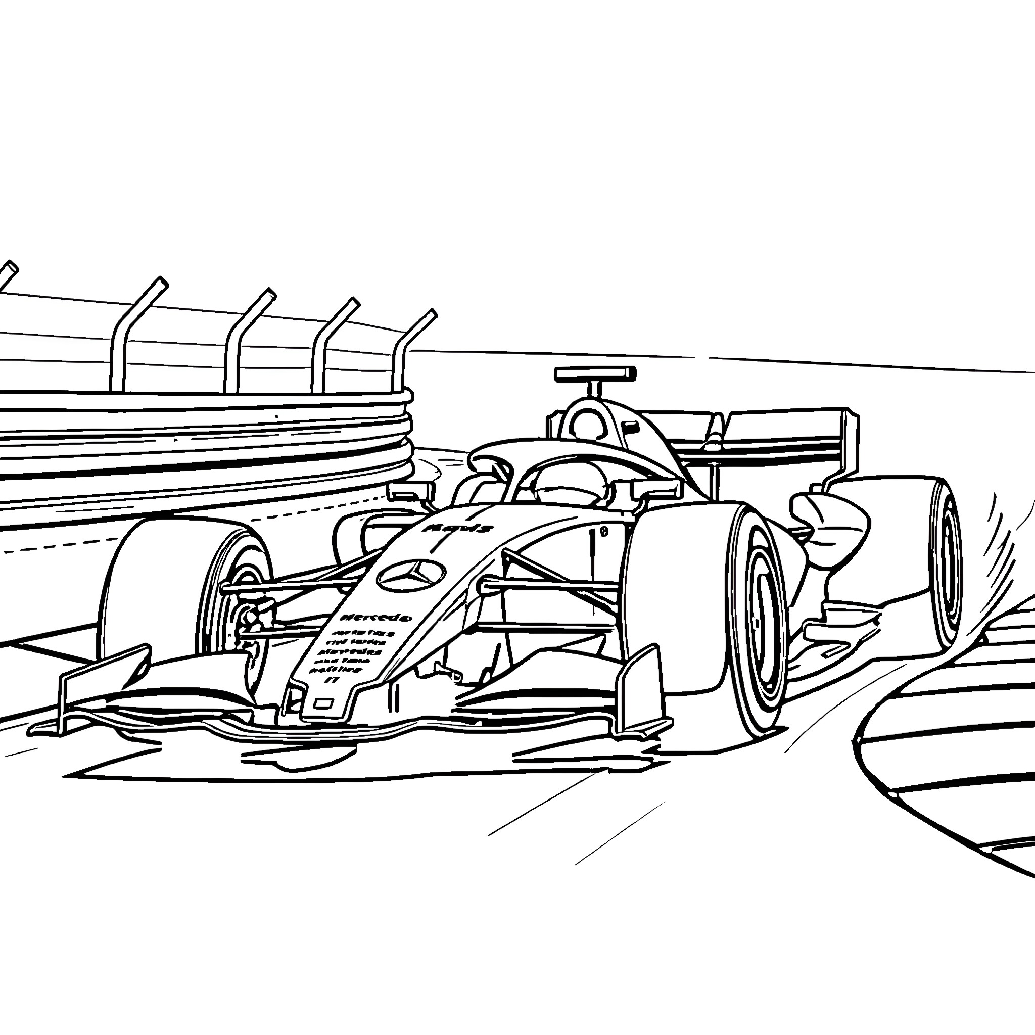 Formula 1 Race Car Speeding on Track Coloring Page (free black-and-white line drawing printable PDF for all, from beginners to advanced learners, including children, teens, adults, and seniors)
