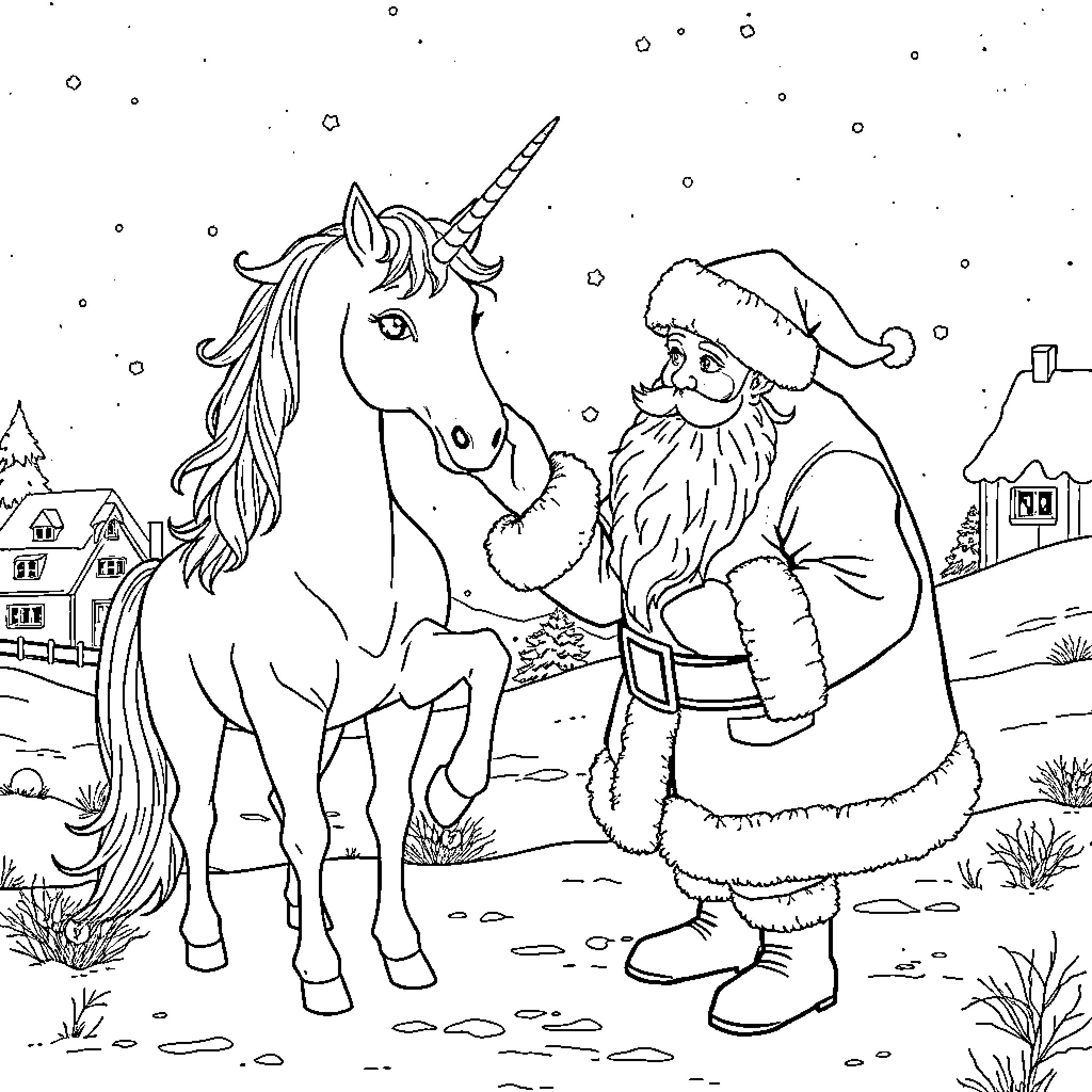 Santa interacting with a magical unicorn in the winter landscape Coloring Page (free black-and-white line drawing printable PDF for all, from beginners to advanced learners, including children, teens, adults, and seniors)