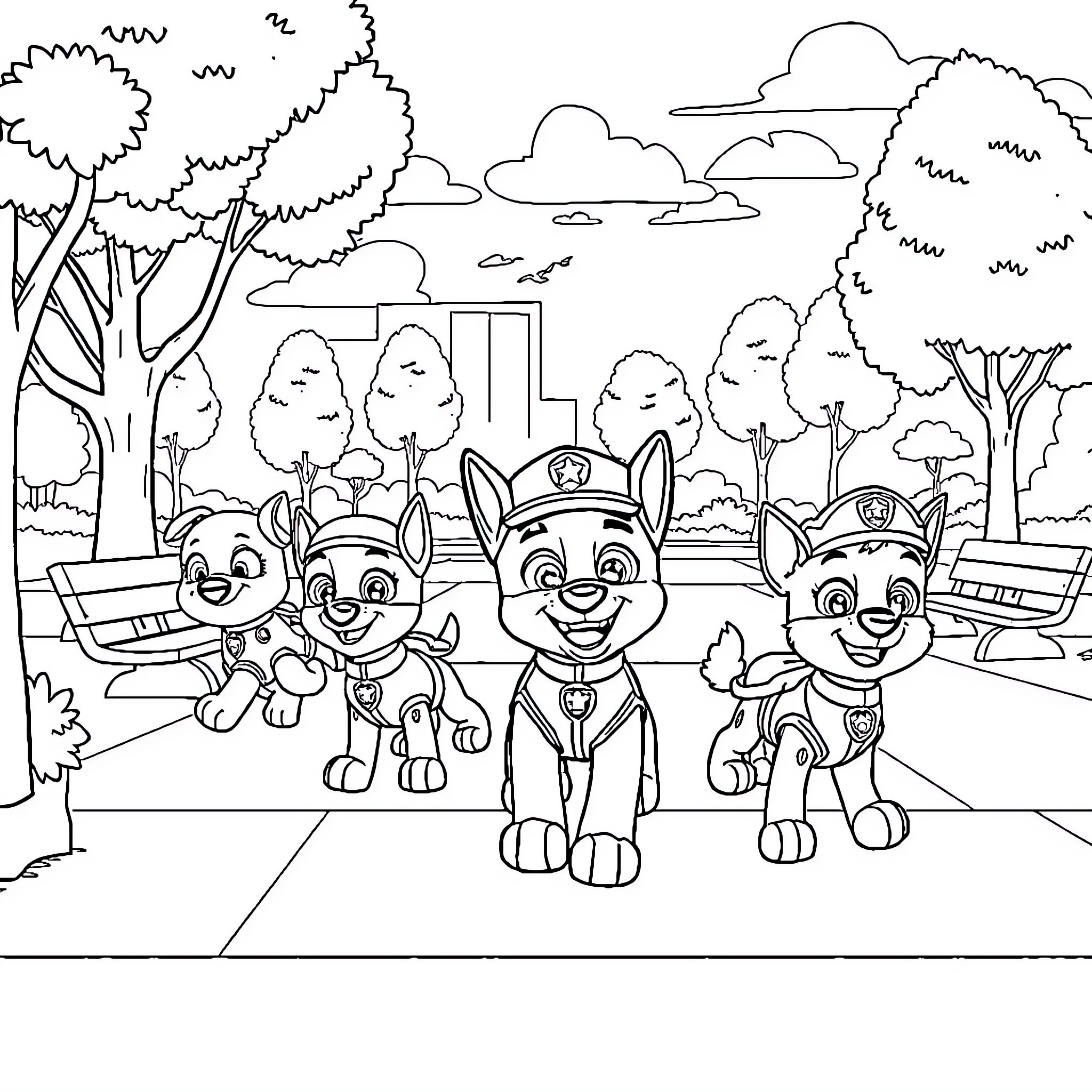 Paw Patrol Puppies on Patrol in the Park Coloring Page (free black-and-white line drawing printable PDF for all, from beginners to advanced learners, including children, teens, adults, and seniors)