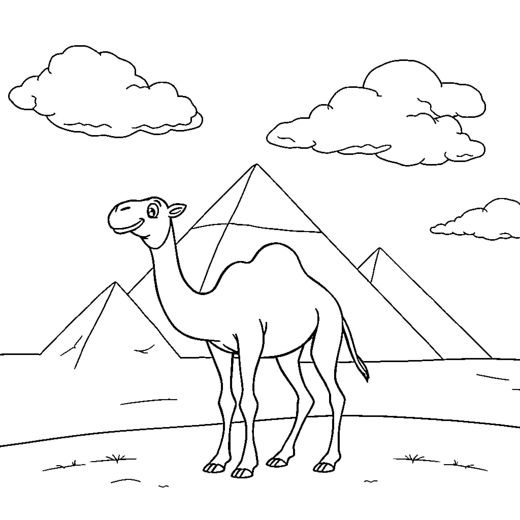 Camel traversing the desert landscape Coloring Page (free black-and-white line drawing printable PDF for all, from beginners to advanced learners, including children, teens, adults, and seniors)
