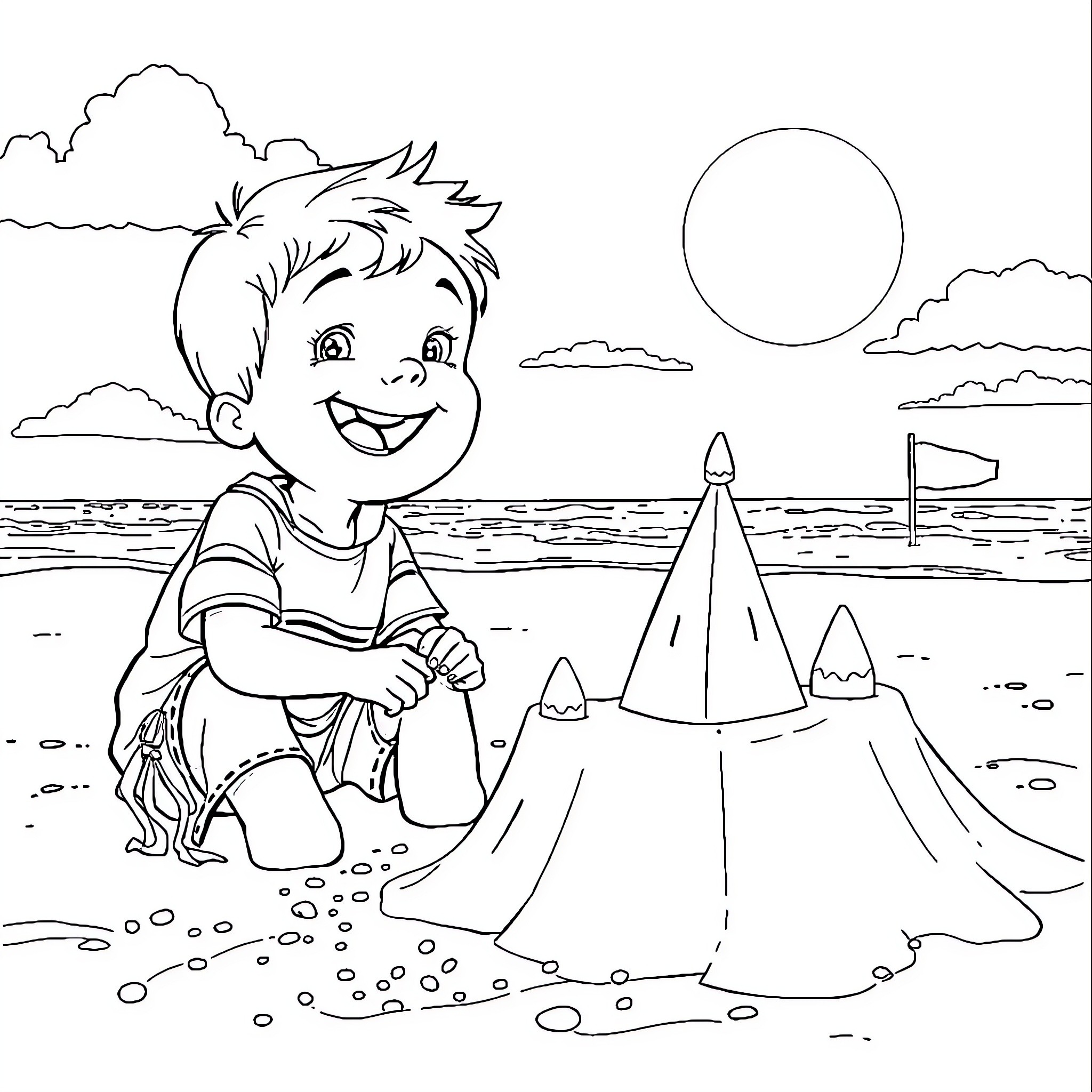 Garçon building sandcastles on the beach Coloring Page (free black-and-white line drawing printable PDF for all, from beginners to advanced learners, including children, teens, adults, and seniors)