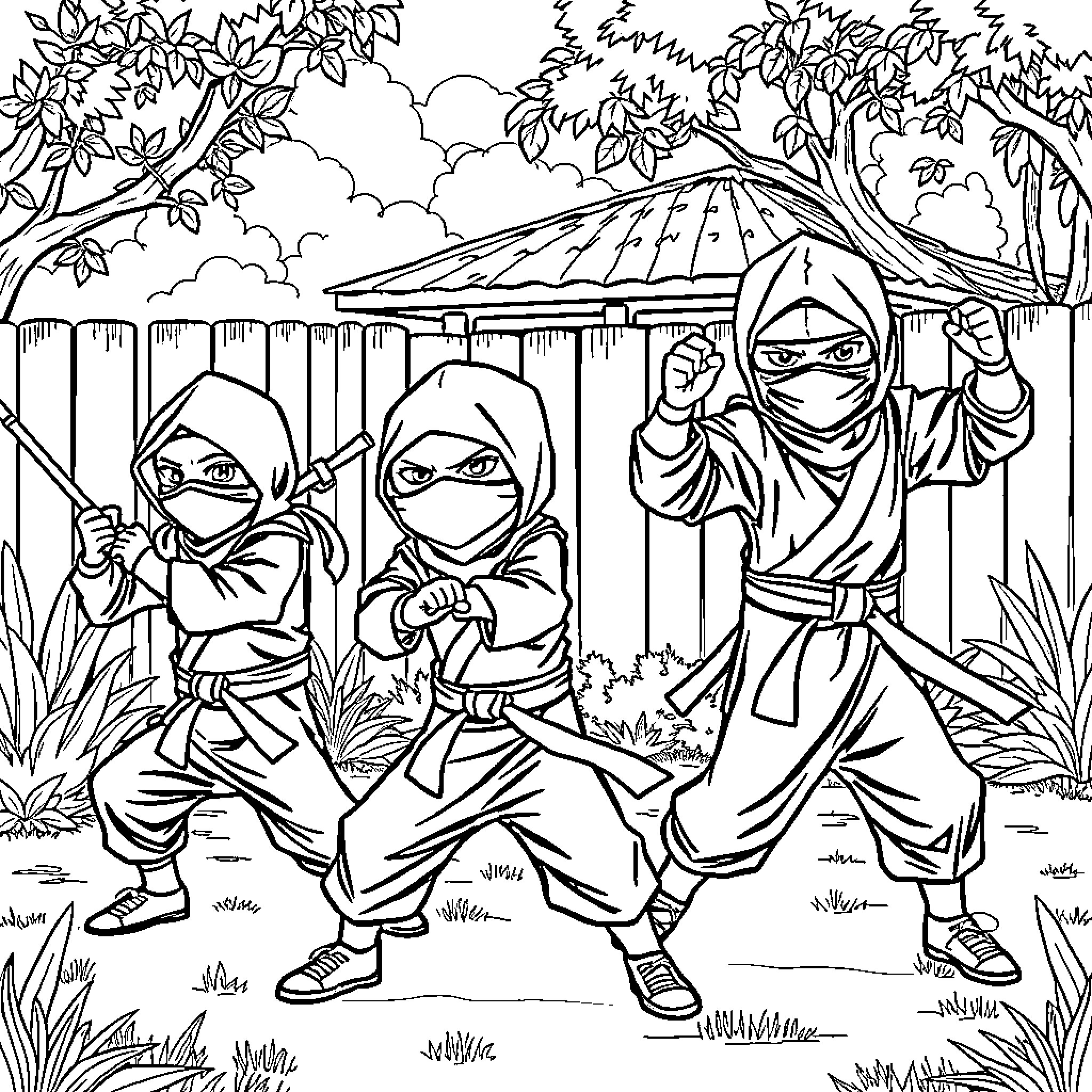 Ninja Warriors in a Lush Outdoor Scene Coloring Page (free black-and-white line drawing printable PDF for all, from beginners to advanced learners, including children, teens, adults, and seniors)