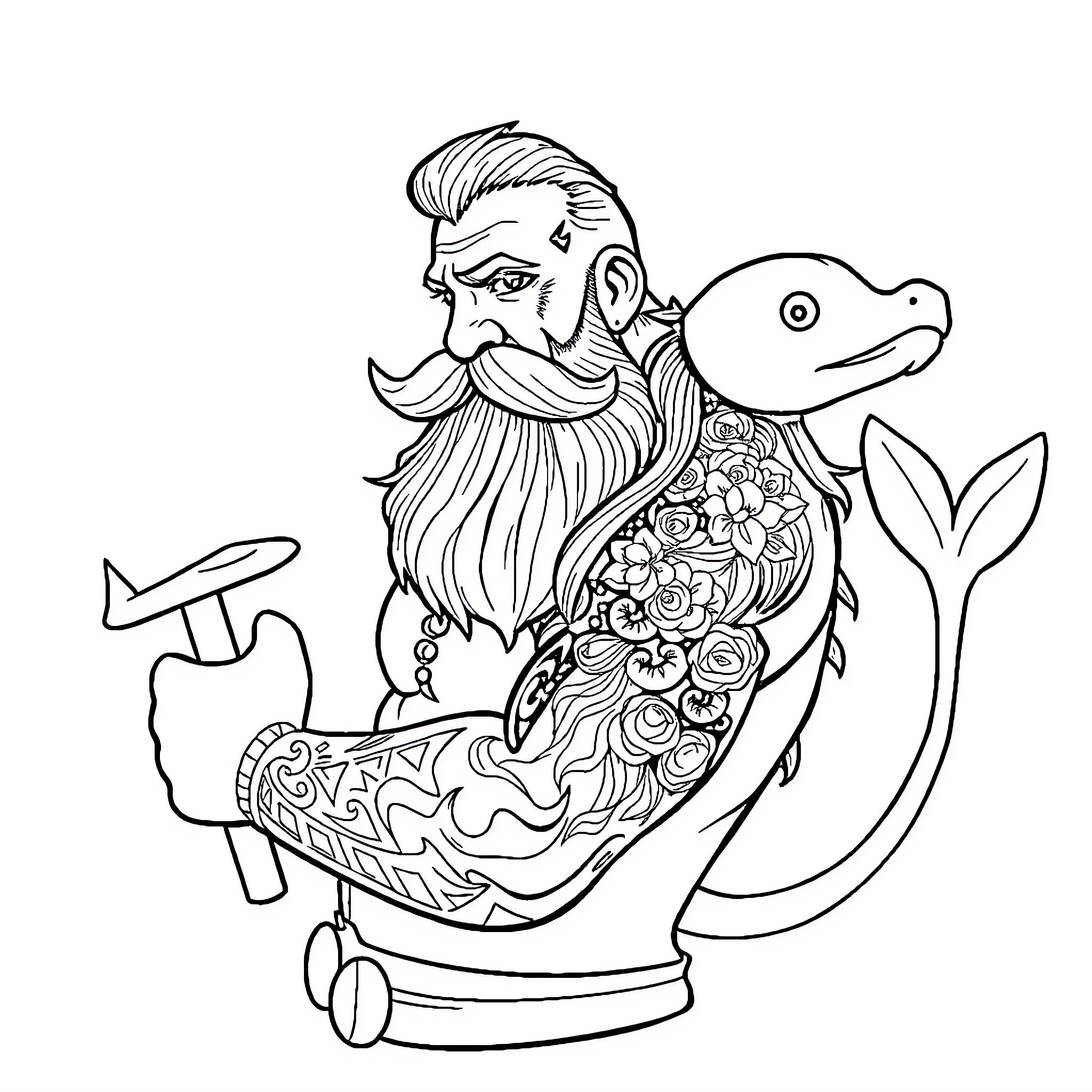 Marinero with Ornate Mermaid and Flowers Coloring Page (free black-and-white line drawing printable PDF for all, from beginners to advanced learners, including children, teens, adults, and seniors)