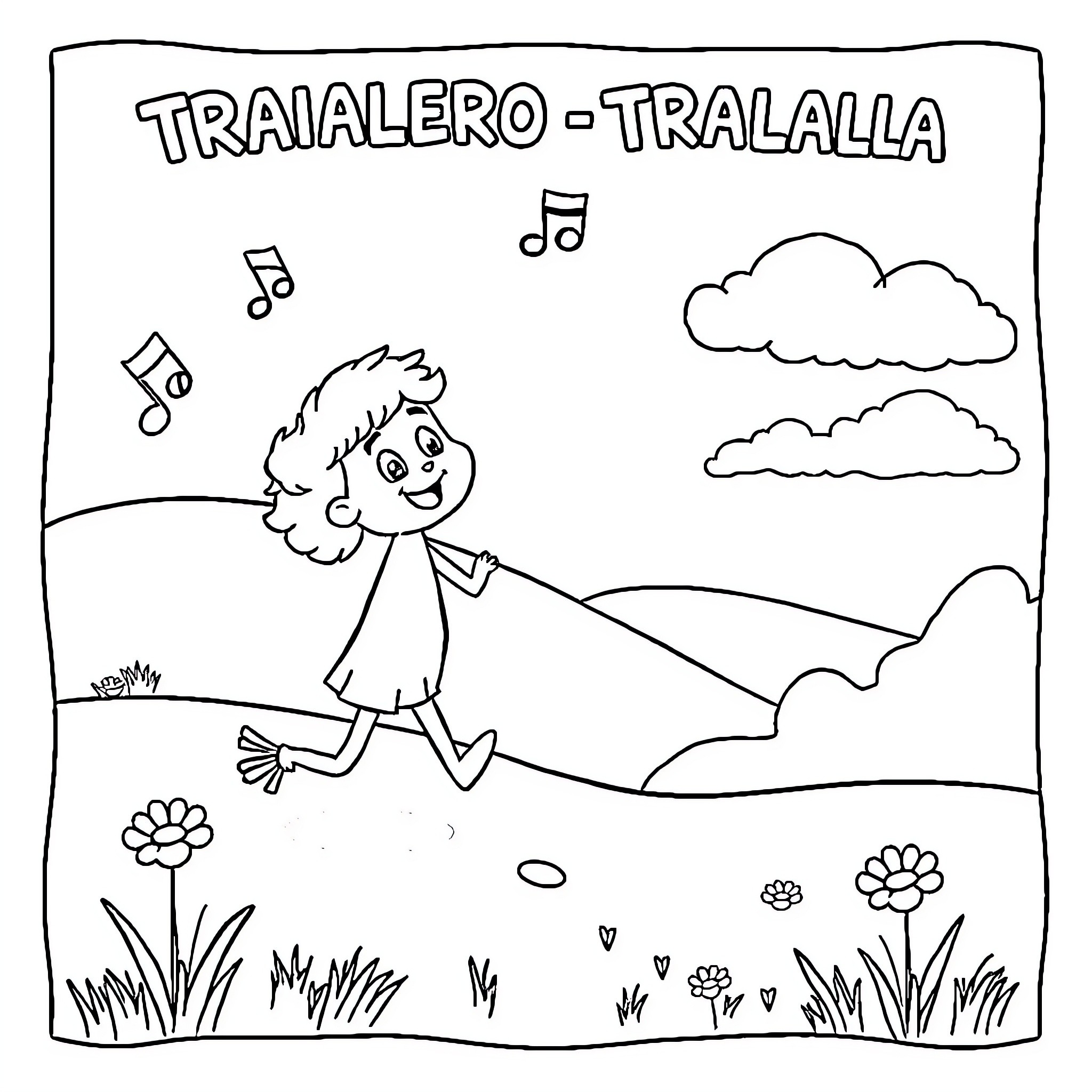 Tralalero - child joyfully dancing in nature Coloring Page (free black-and-white line drawing printable PDF for all, from beginners to advanced learners, including children, teens, adults, and seniors)