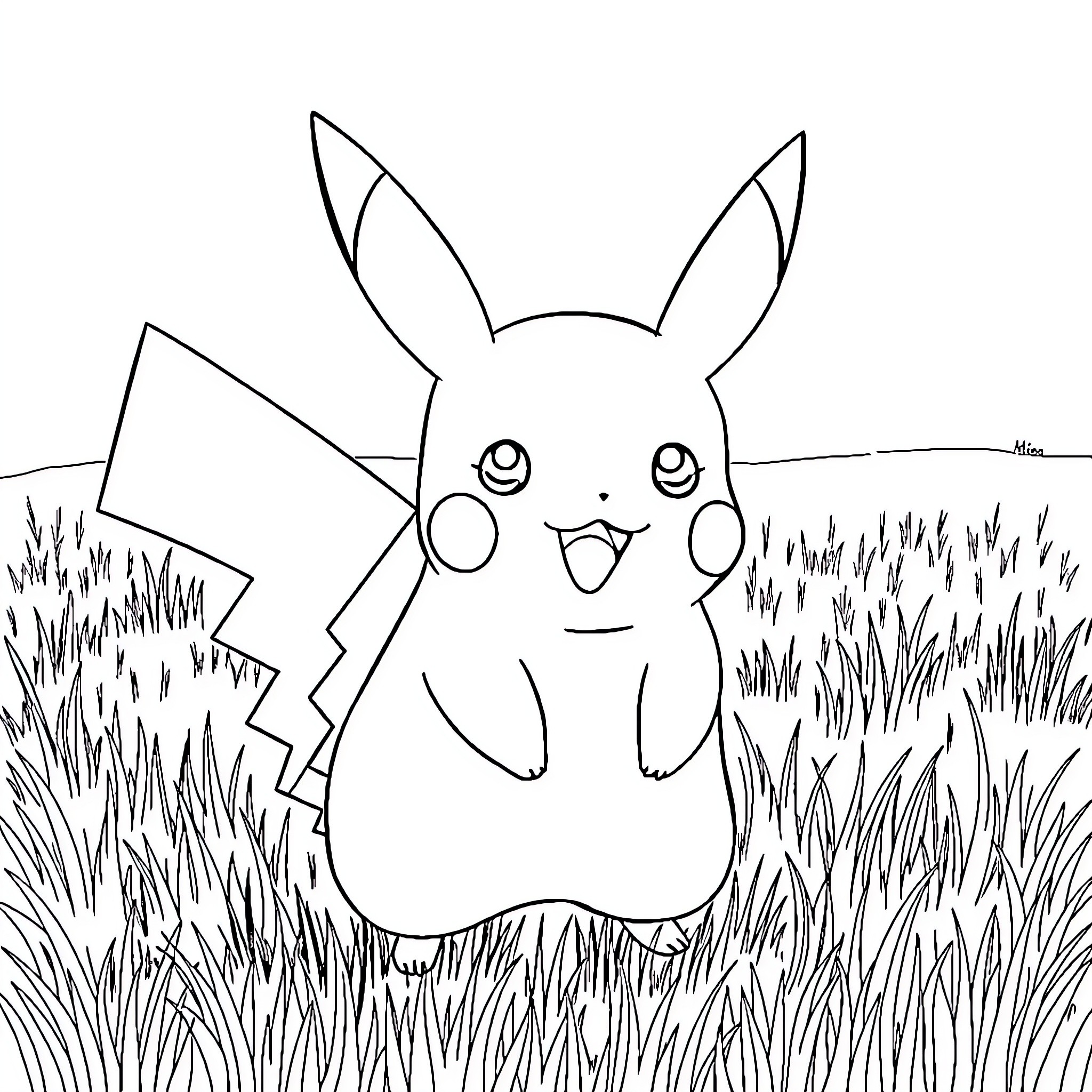 Pikachu happily playing in the grassy field Coloring Page (free black-and-white line drawing printable PDF for all, from beginners to advanced learners, including children, teens, adults, and seniors)