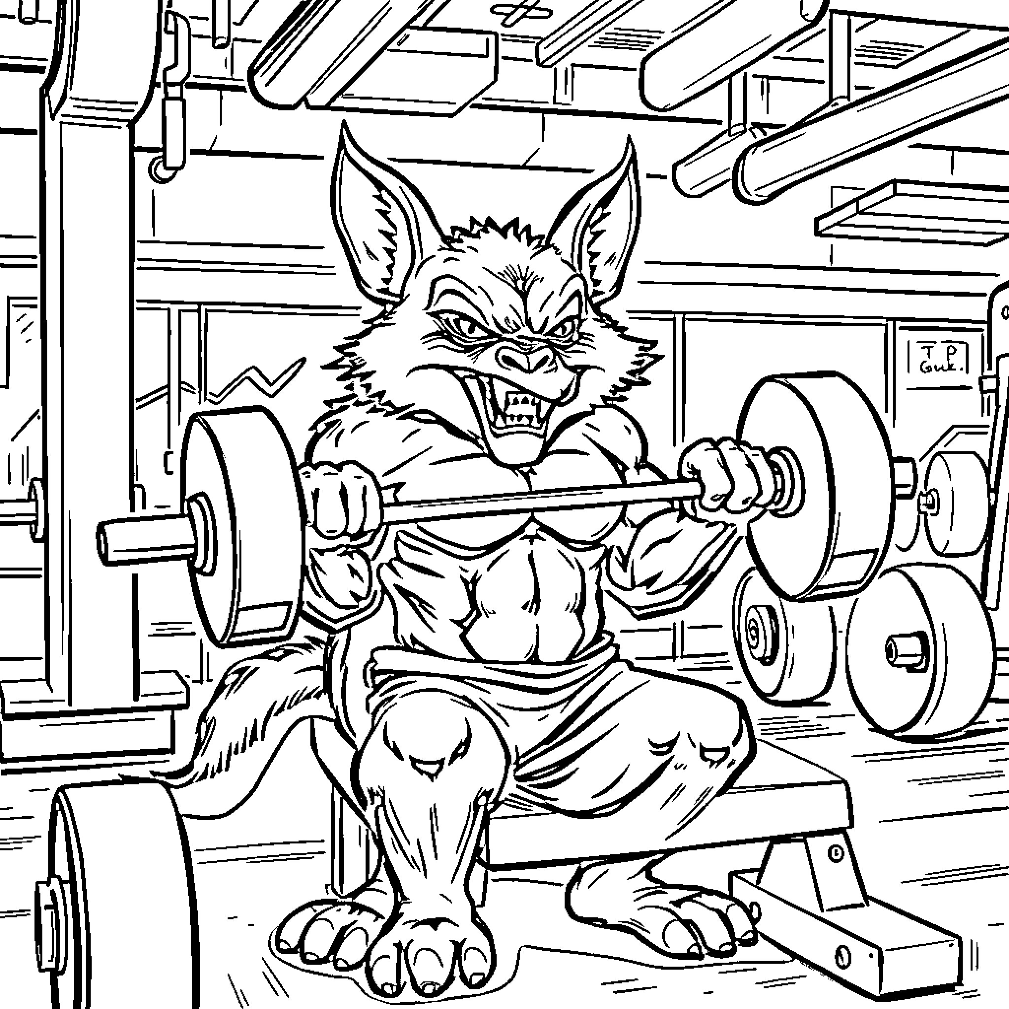 Tasmanian Devil Weightlifting Fiercely in the Gym Coloring Page (free black-and-white line drawing printable PDF for all, from beginners to advanced learners, including children, teens, adults, and seniors)