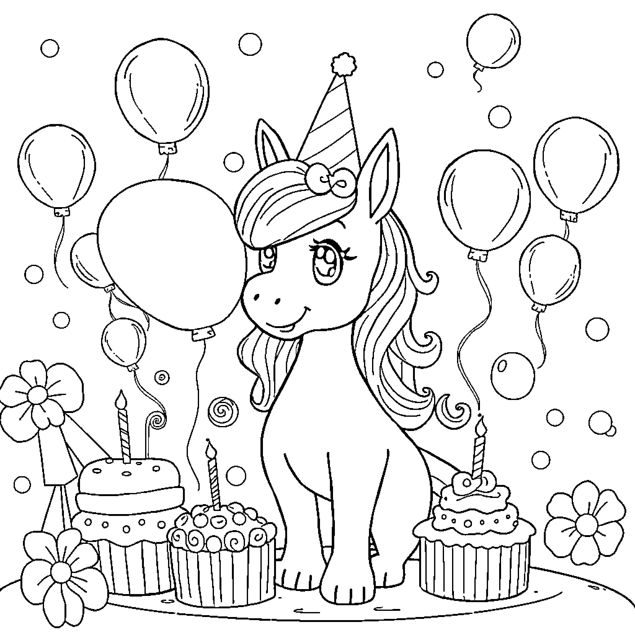 Huntrix's Festive Unicorn Celebration Coloring Page (free black-and-white line drawing printable PDF for all, from beginners to advanced learners, including children, teens, adults, and seniors)