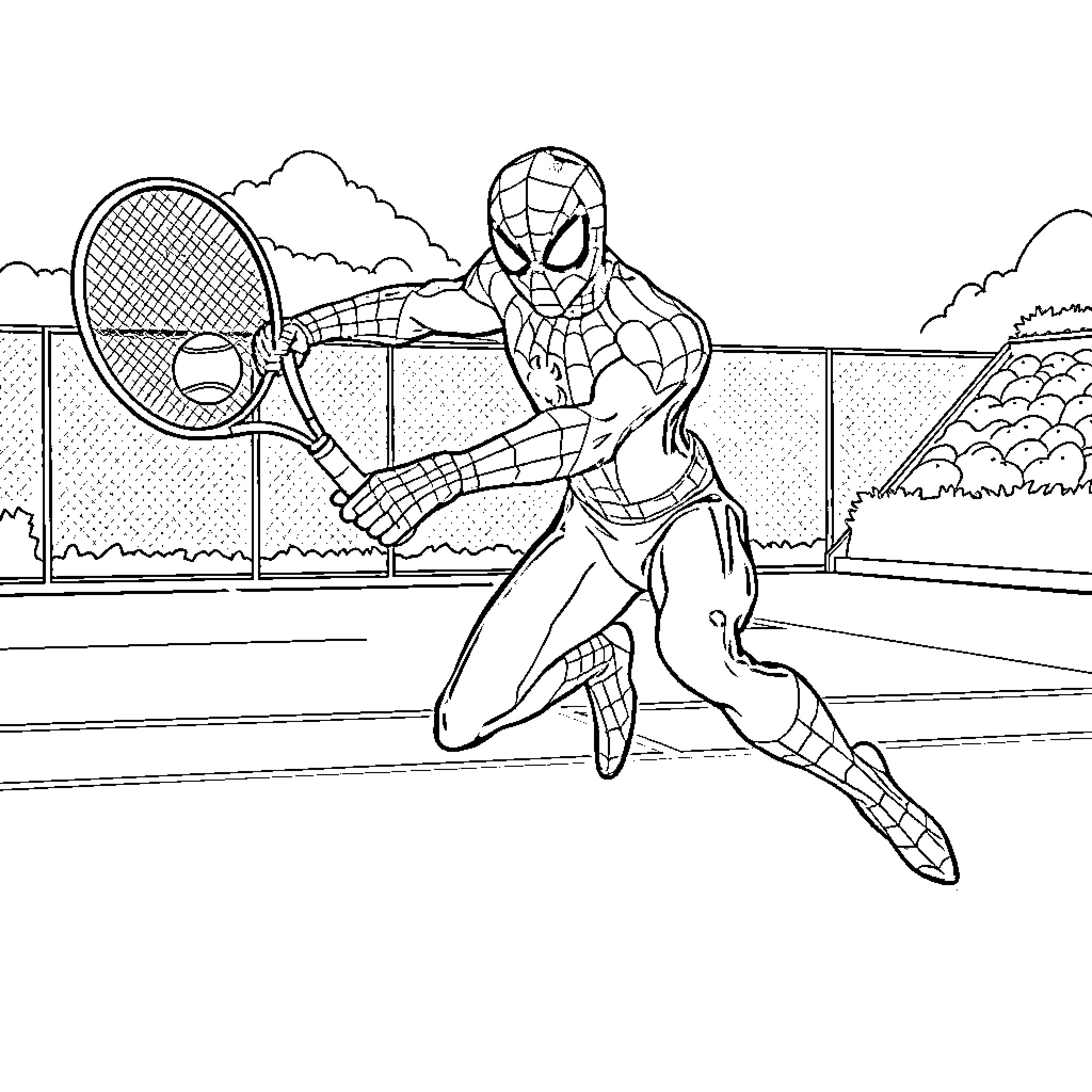 Spiderman playing tennis on the court Coloring Page (free black-and-white line drawing printable PDF for all, from beginners to advanced learners, including children, teens, adults, and seniors)