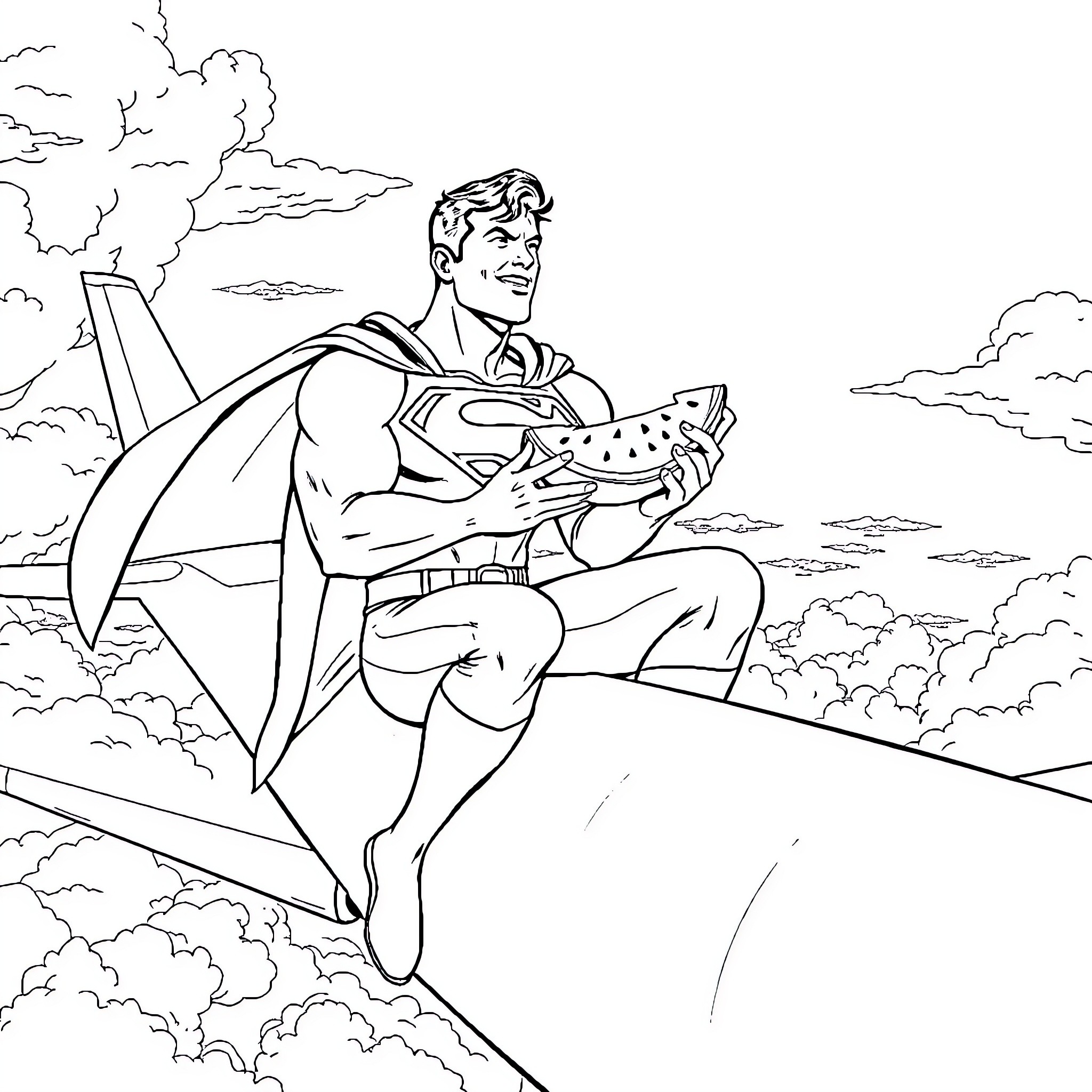 Superman flying high with heroic posture Coloring Page (free black-and-white line drawing printable PDF for all, from beginners to advanced learners, including children, teens, adults, and seniors)