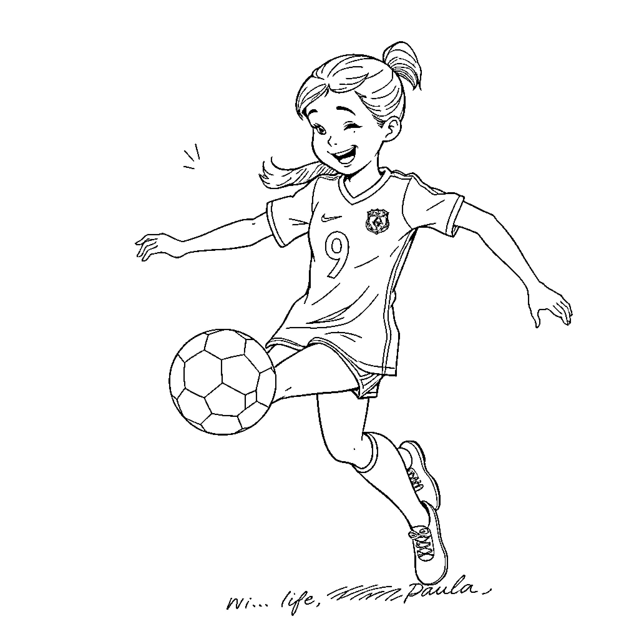 Girl happily playing with soccer ball Coloring Page (free black-and-white line drawing printable PDF for all, from beginners to advanced learners, including children, teens, adults, and seniors)