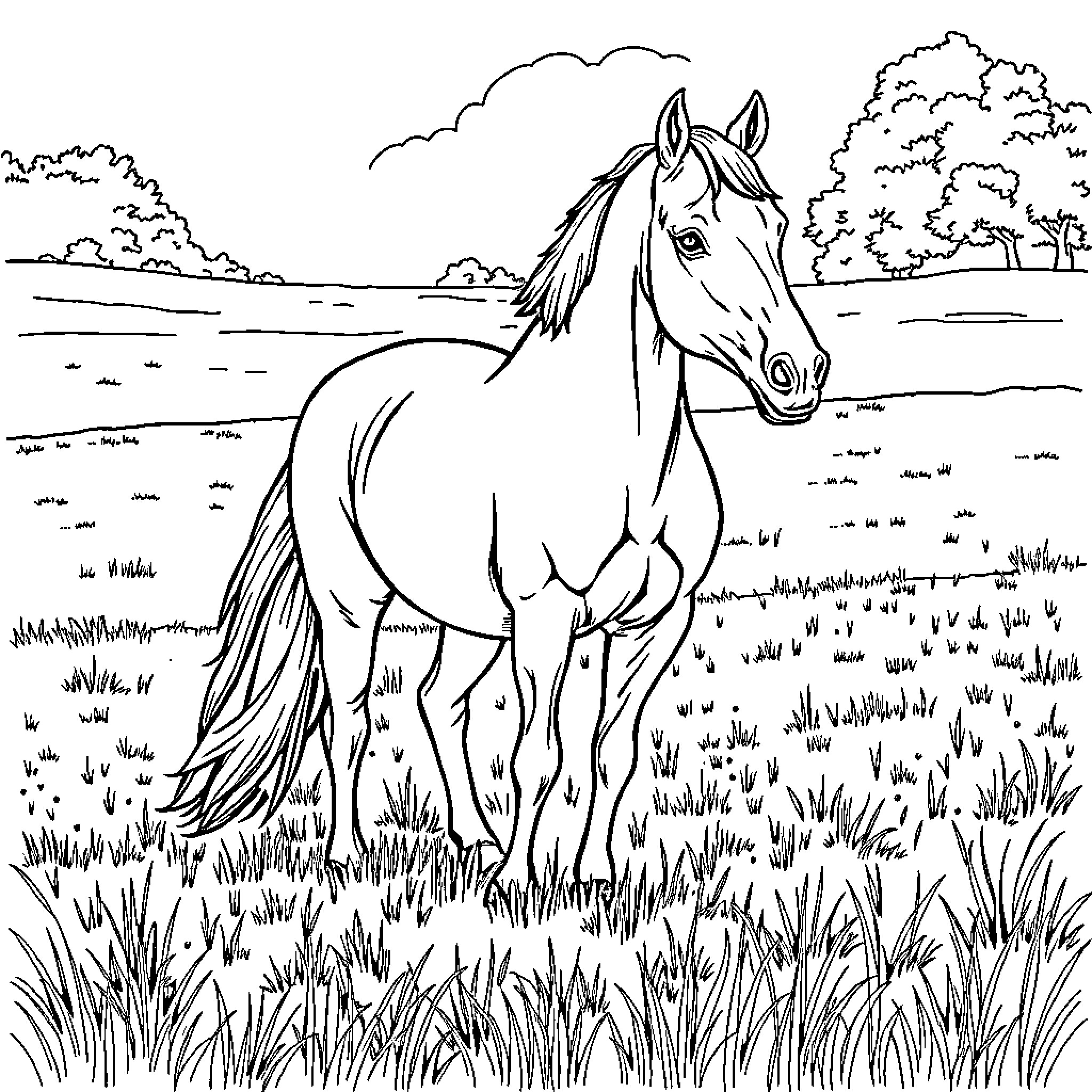 Horse standing majestically in a pastoral landscape Coloring Page (free black-and-white line drawing printable PDF for all, from beginners to advanced learners, including children, teens, adults, and seniors)