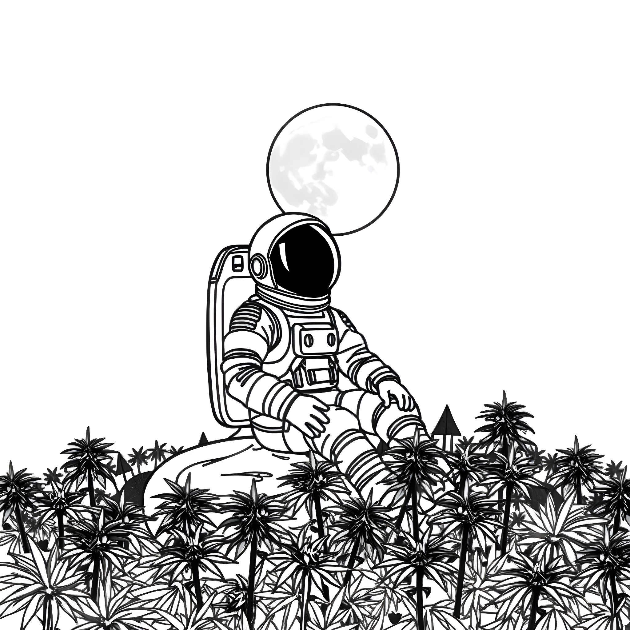 Astronaut exploring a mysterious alien landscape Coloring Page (free black-and-white line drawing printable PDF for all, from beginners to advanced learners, including children, teens, adults, and seniors)