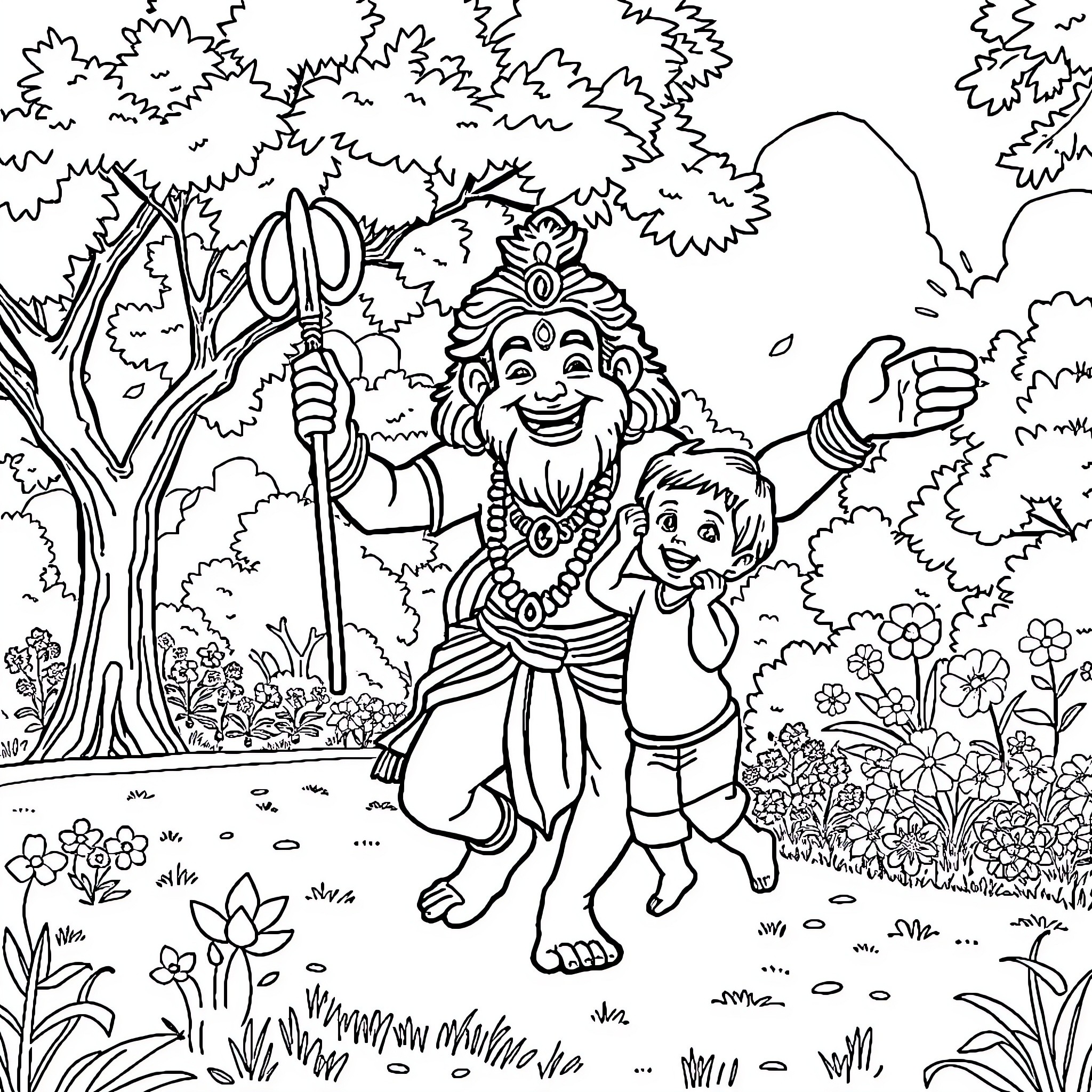 Hanuman playfully interacting with a child in a lush garden Coloring Page (free black-and-white line drawing printable PDF for all, from beginners to advanced learners, including children, teens, adults, and seniors)