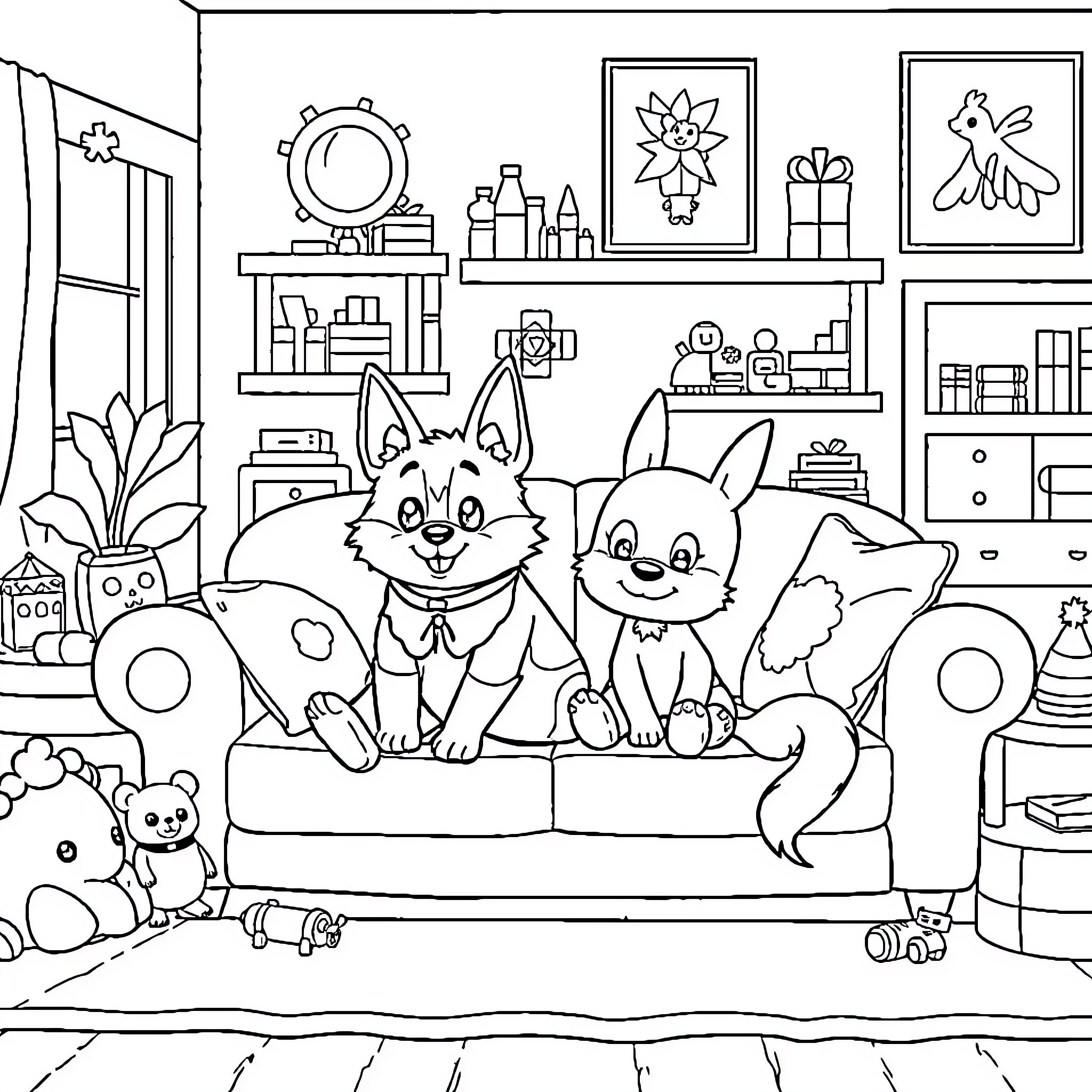 Kuromi and friends enjoy a cozy day at home Coloring Page (free black-and-white line drawing printable PDF for all, from beginners to advanced learners, including children, teens, adults, and seniors)
