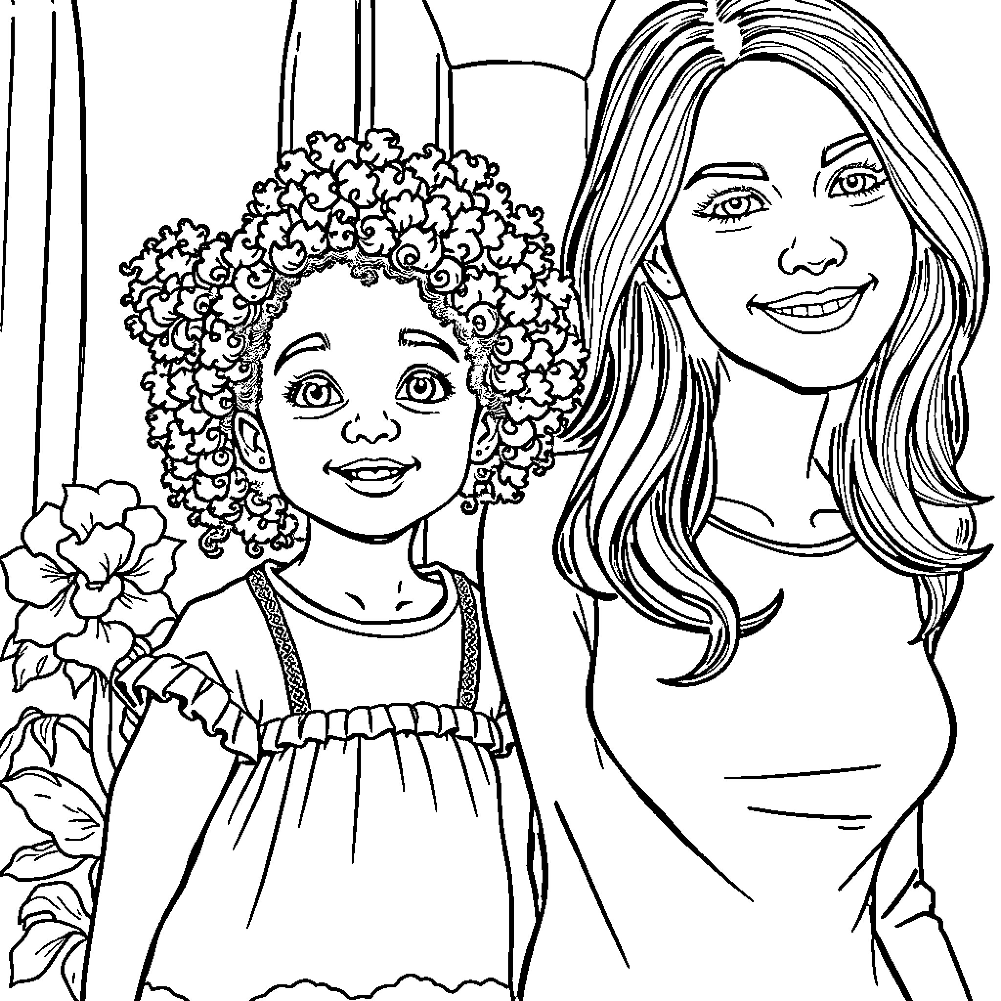 Girl with Curly Hair and Smiling Woman Coloring Page (free black-and-white line drawing printable PDF for all, from beginners to advanced learners, including children, teens, adults, and seniors)