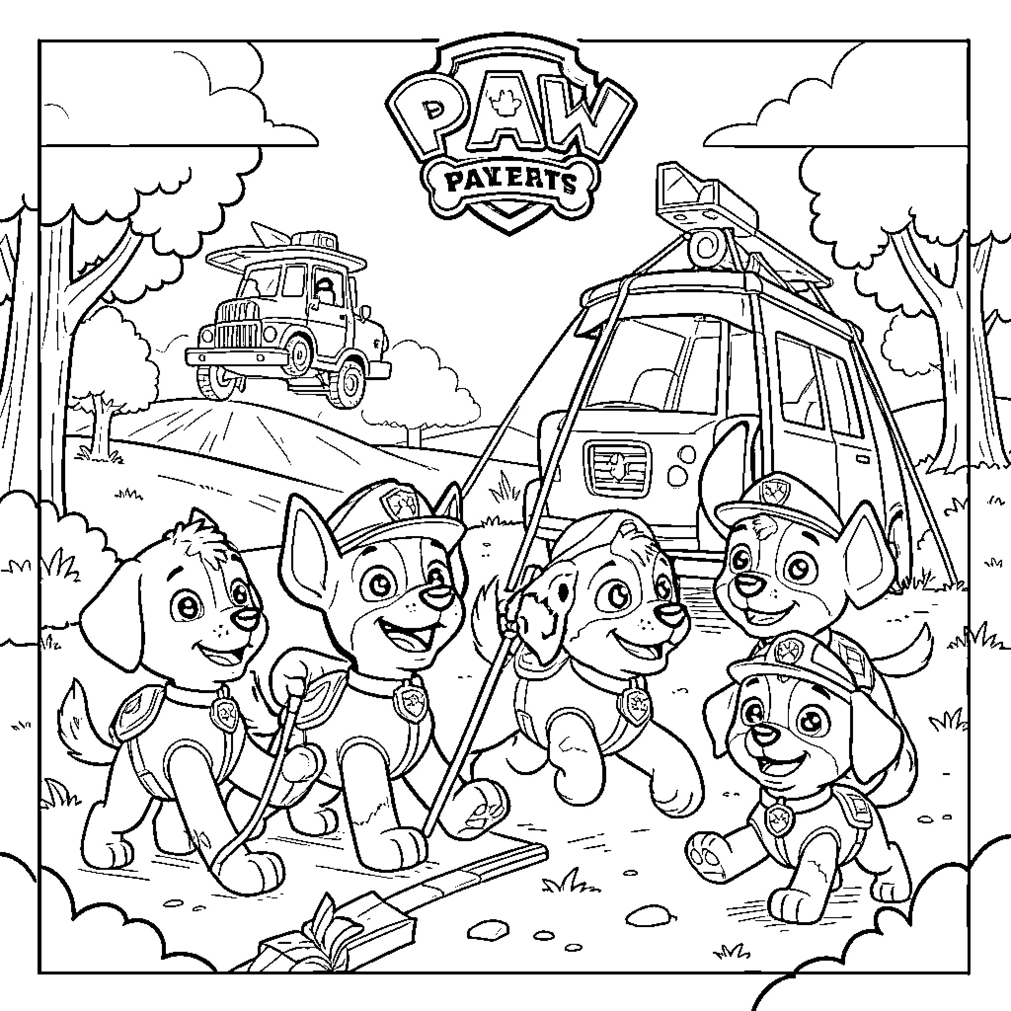 Paw Patrol pups celebrating together in an outdoor scene Coloring Page (free black-and-white line drawing printable PDF for all, from beginners to advanced learners, including children, teens, adults, and seniors)