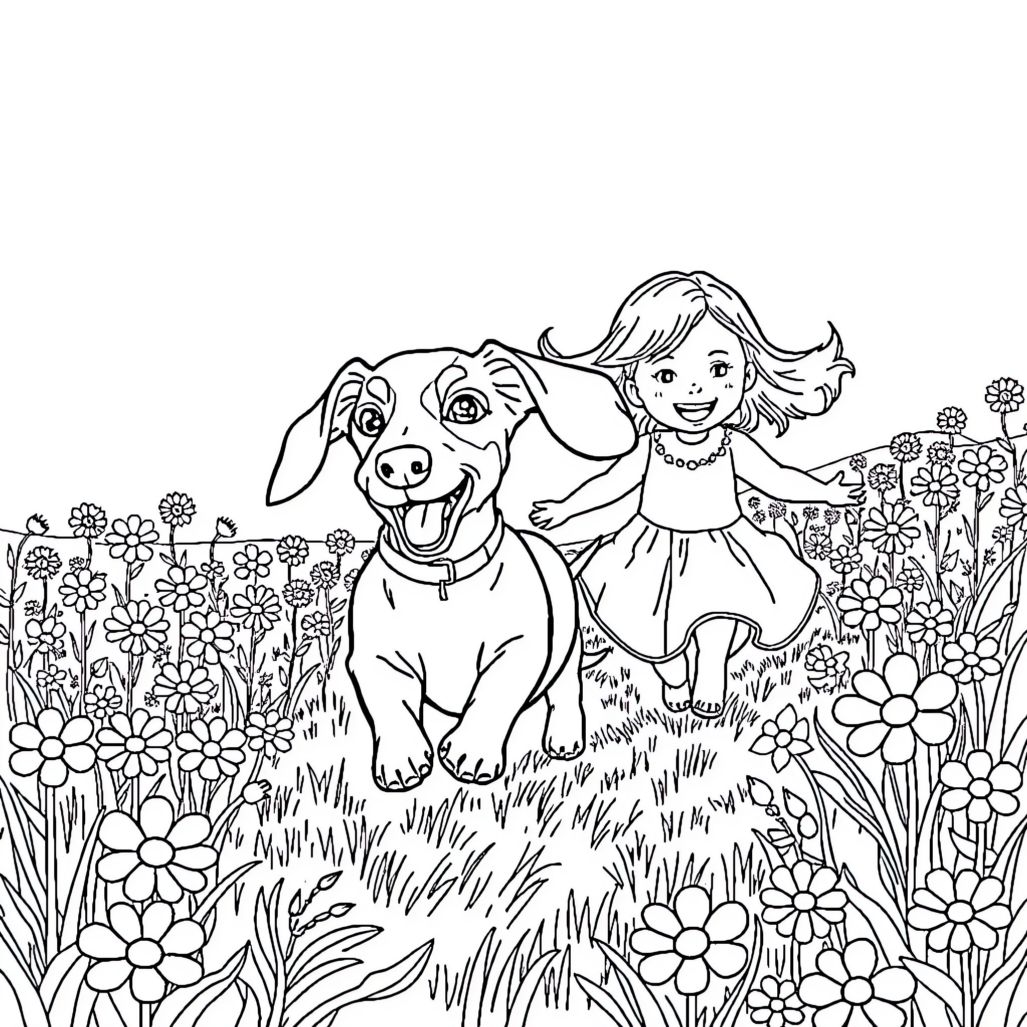 Dachshund and girl playing in flower field Coloring Page (free black-and-white line drawing printable PDF for all, from beginners to advanced learners, including children, teens, adults, and seniors)