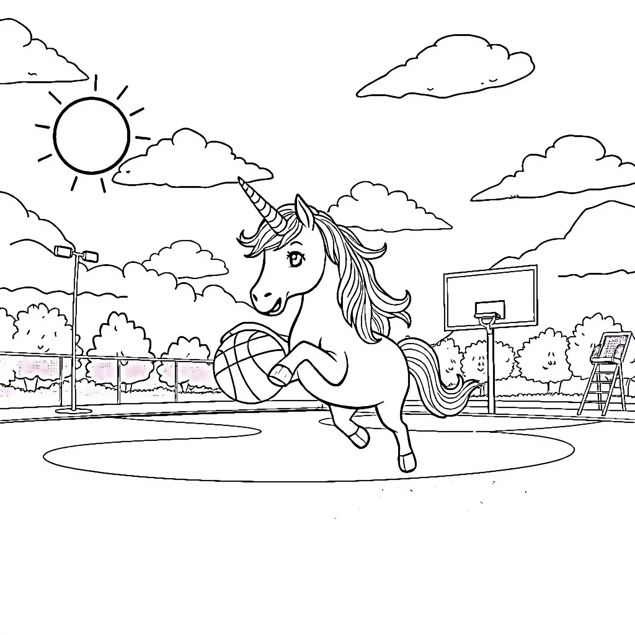 Unicorn playing basketball in the park Coloring Page (free black-and-white line drawing printable PDF for all, from beginners to advanced learners, including children, teens, adults, and seniors)