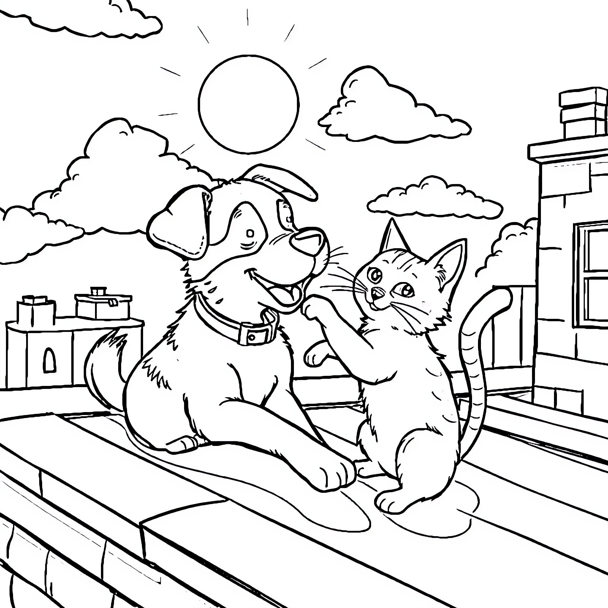 Dog and cat playing together on a sunny day Coloring Page (free black-and-white line drawing printable PDF for all, from beginners to advanced learners, including children, teens, adults, and seniors)